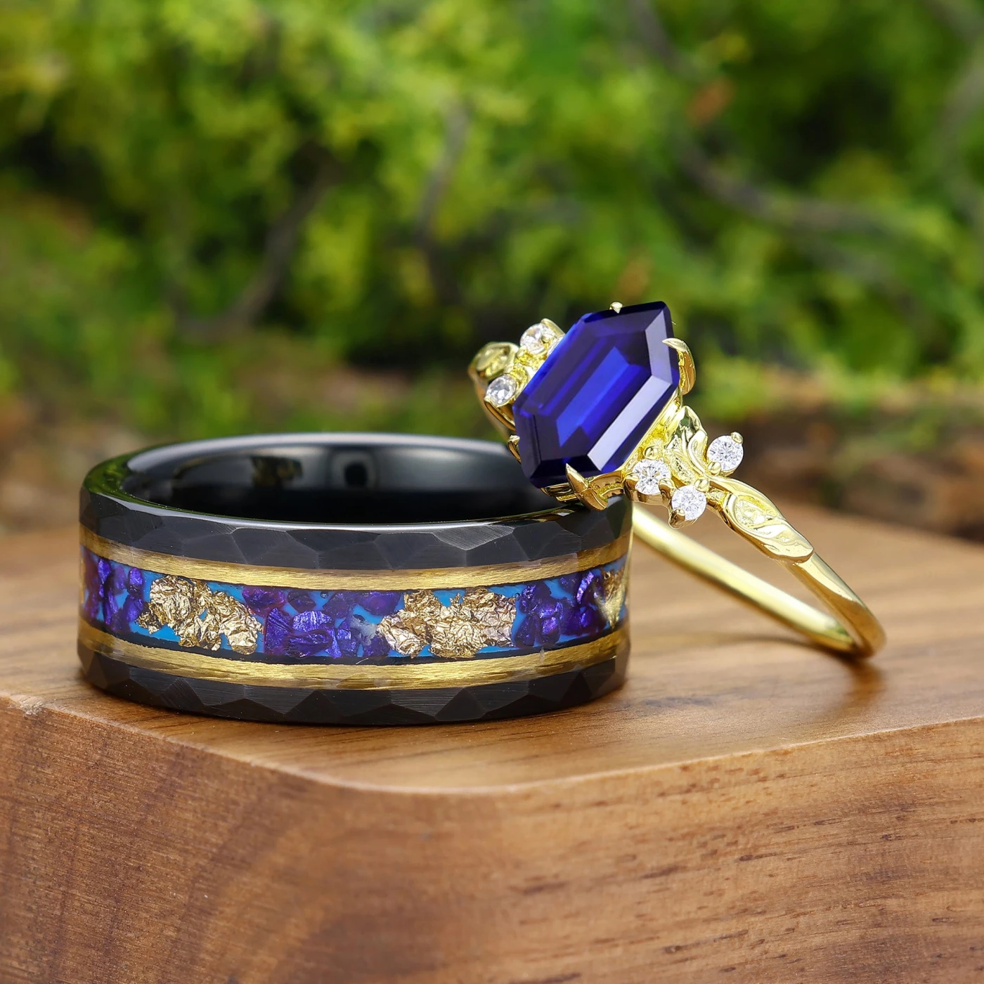 Art Deco Elongated Hexagon Cut Sapphire Engraved Flora Couple Rings His And Hers Rings - view 3