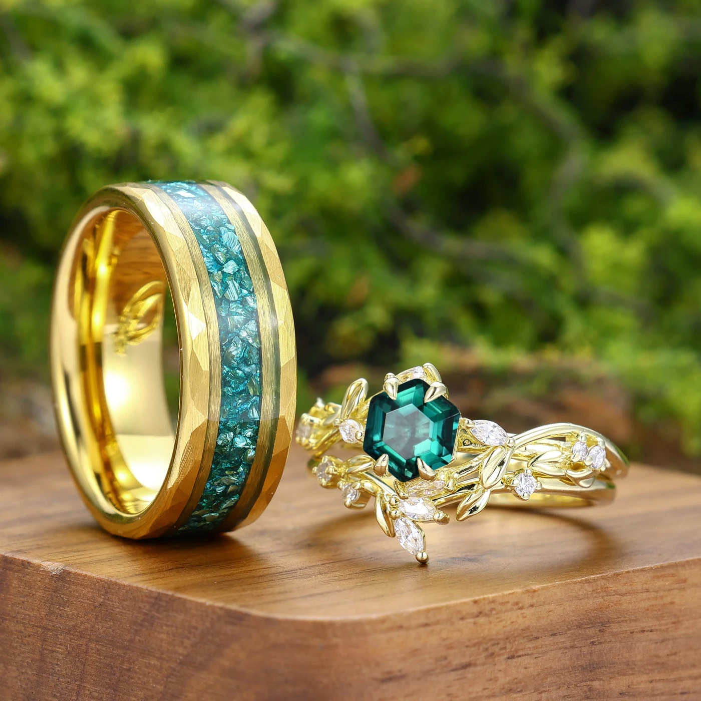 Exquisite Hexagon Cut Emerald Leaf Design Couple Ring Set His And Hers Matching Rings - view 2