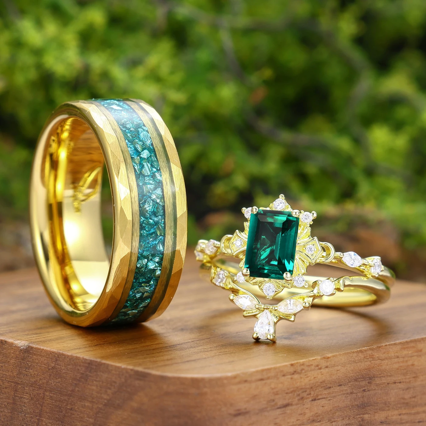 Noble Emerald Engraved Flora Couple Ring Set Yellow Gold Plated Matching Rings Set