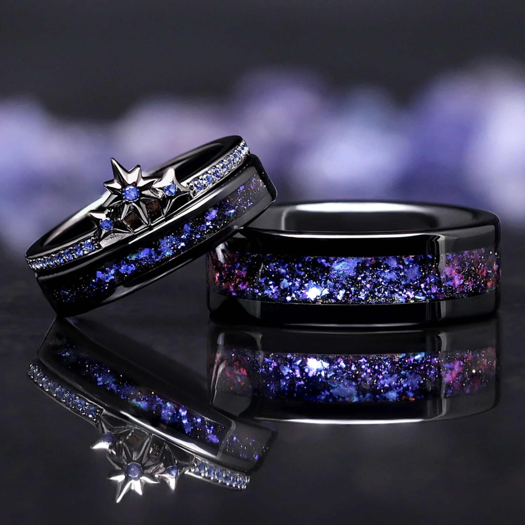 Orion Star Wedding Ring Set, Blue Nebula Sapphire Engagement Rings