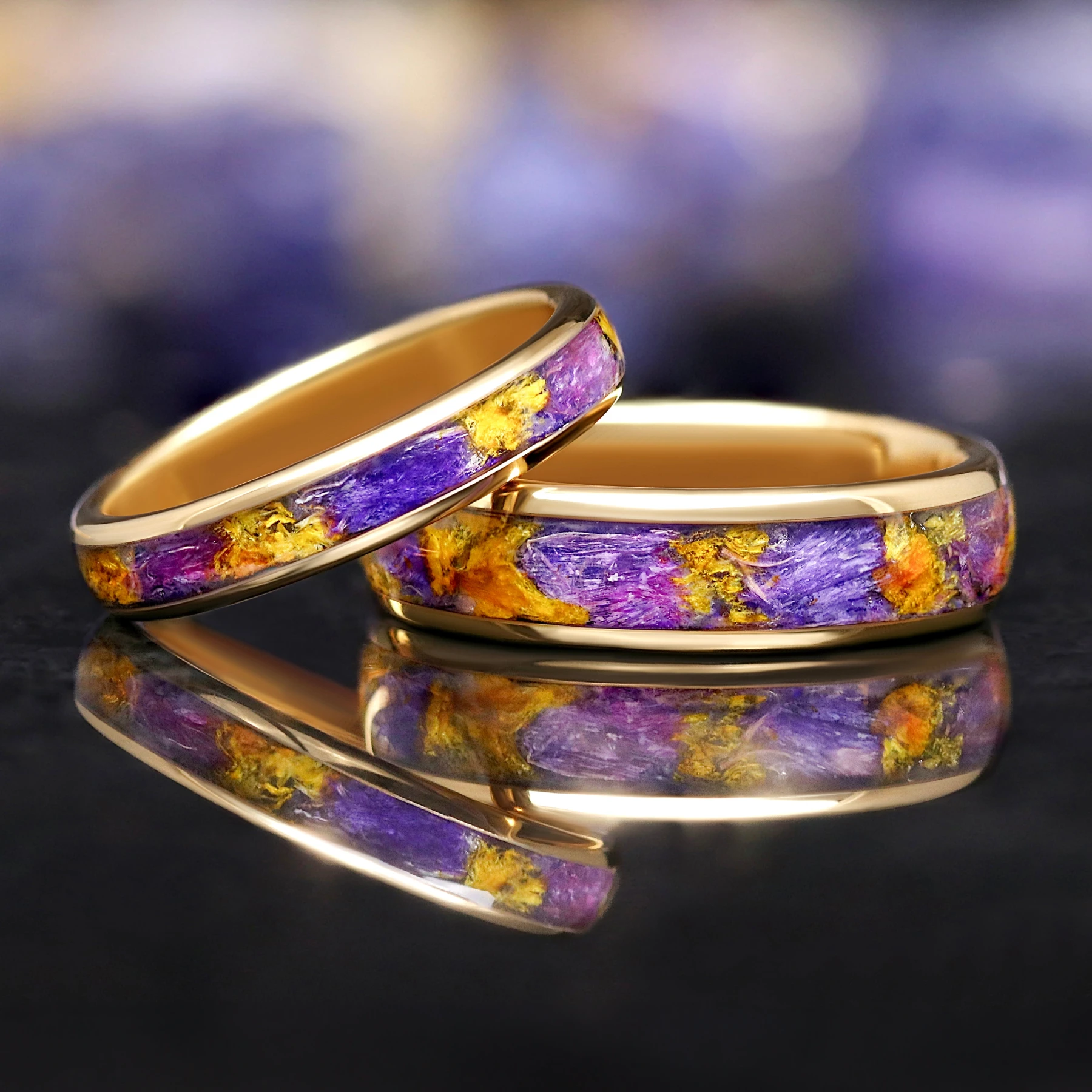 Forget-Me-Not Couples Ring Set, Gold Tungsten Wedding Bands