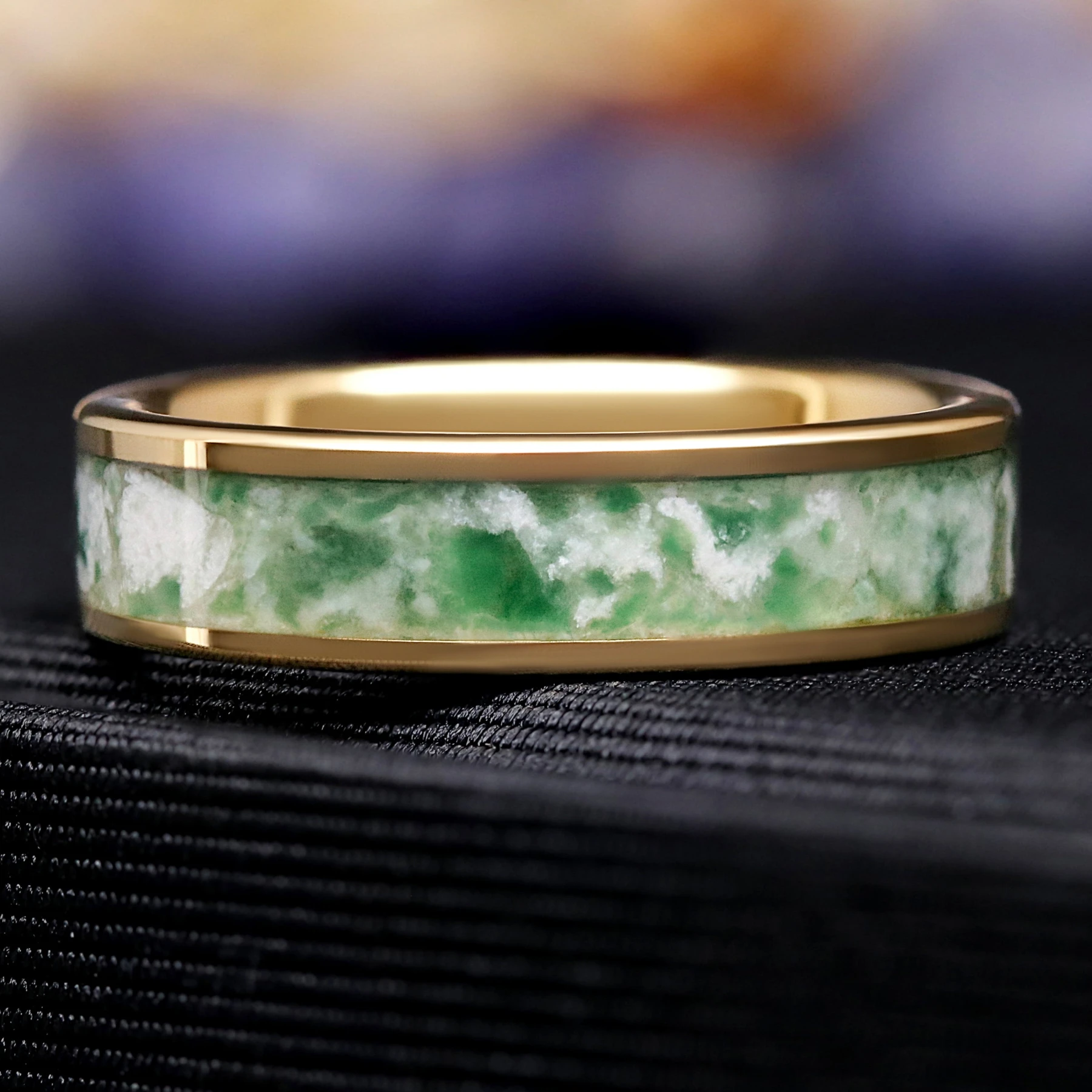 Men's Gold Moss Agate Ring – 6mm Tungsten Wedding Band, Flat Polished Comfort Fit
