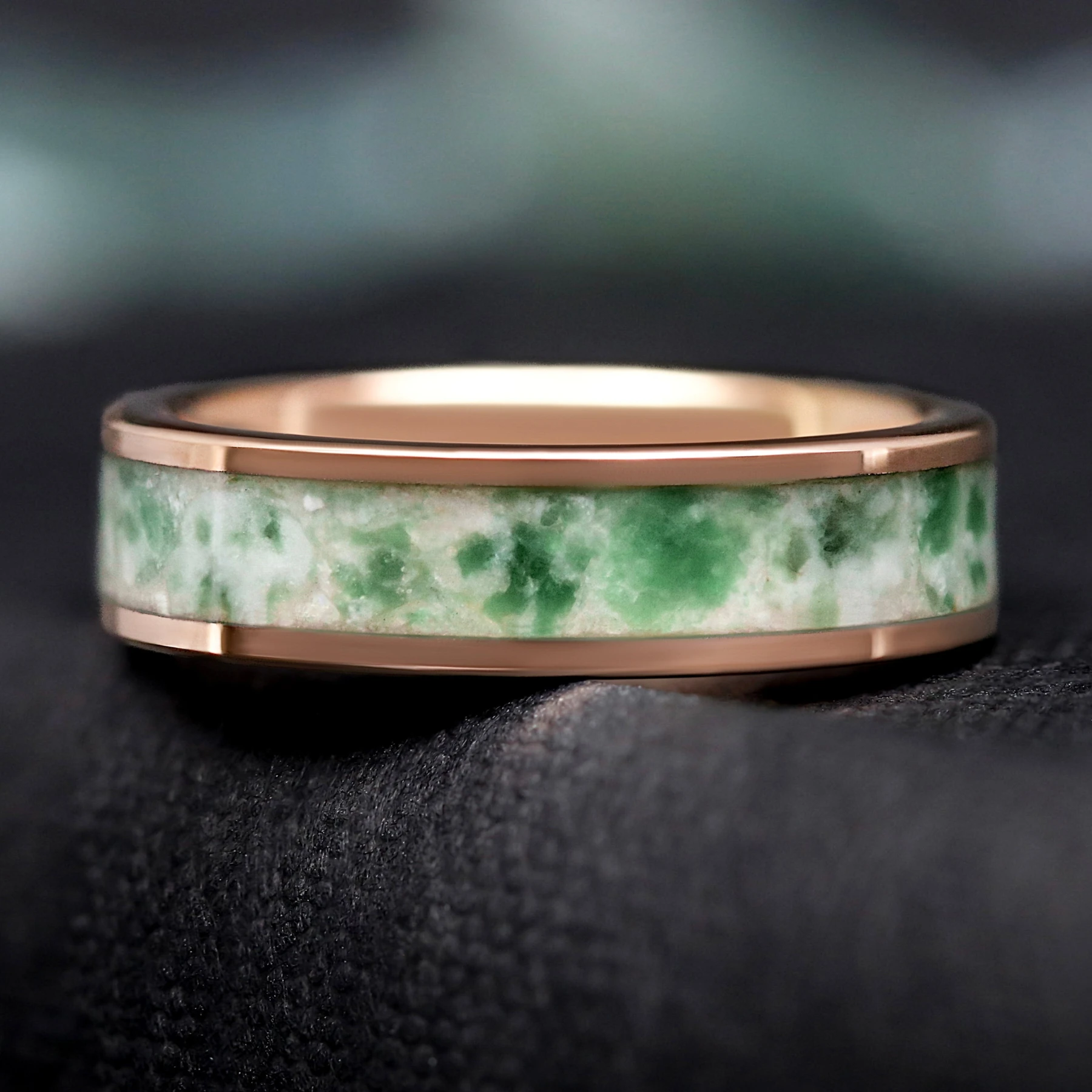 Rose Gold Moss Agate Ring, Mens Wedding Band, 6mm Tungsten
