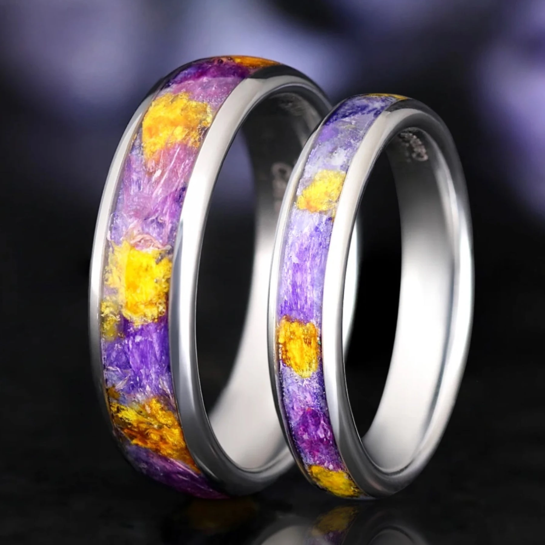 Forget-Me-Not Flower Ring, Silver Tungsten Wedding Band, 4mm 6mm Band