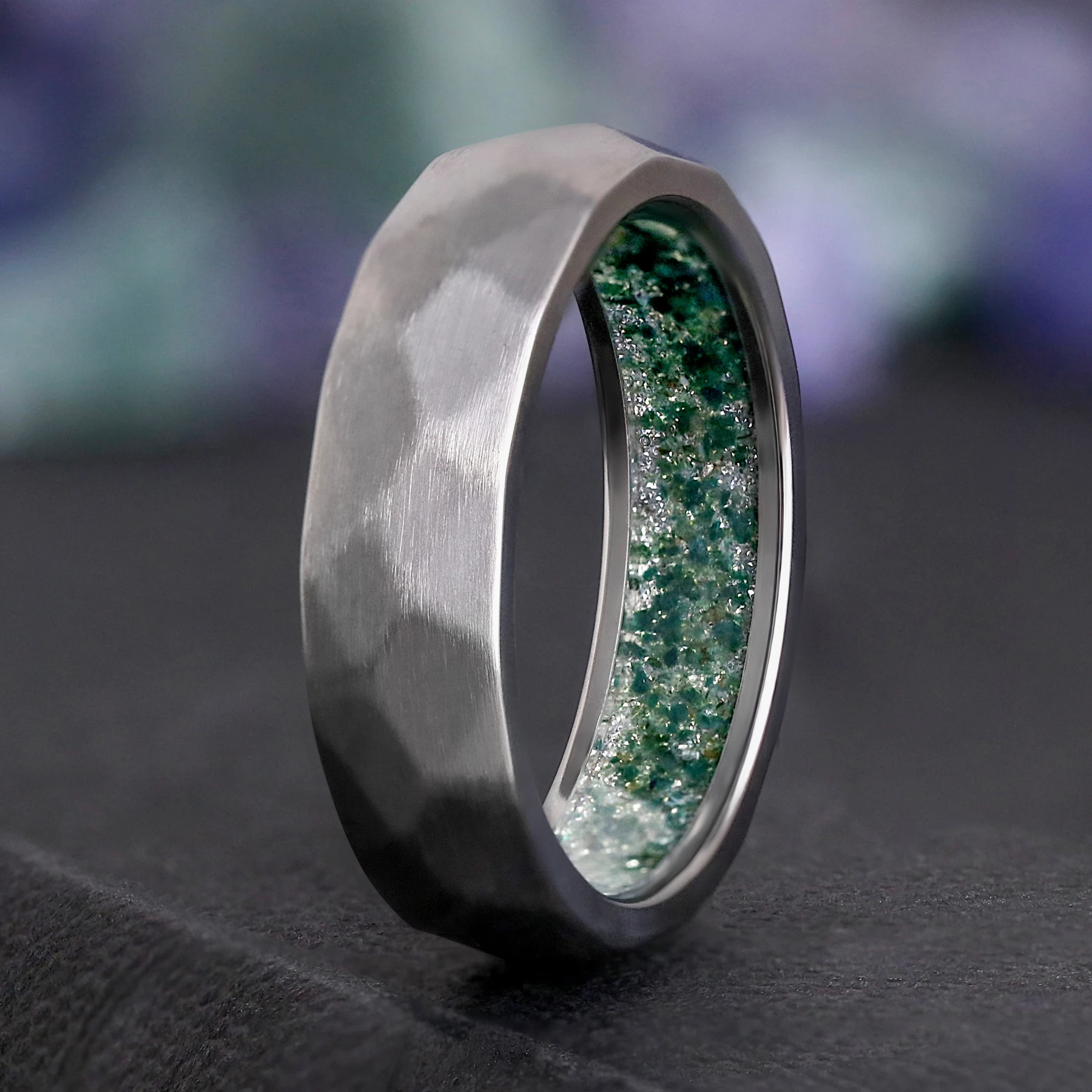 Green Moss Agate Ring Men, Hammered Silver Titanium Wedding Band