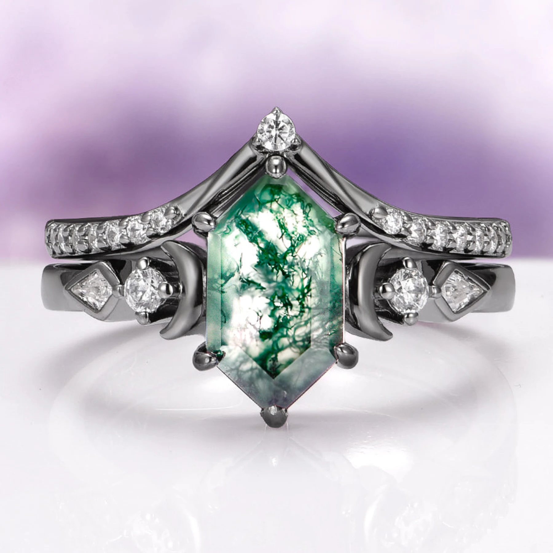 Elara Hexagon Green Moss Agate & Crescent Moon Ring Set in Black Ruthenium