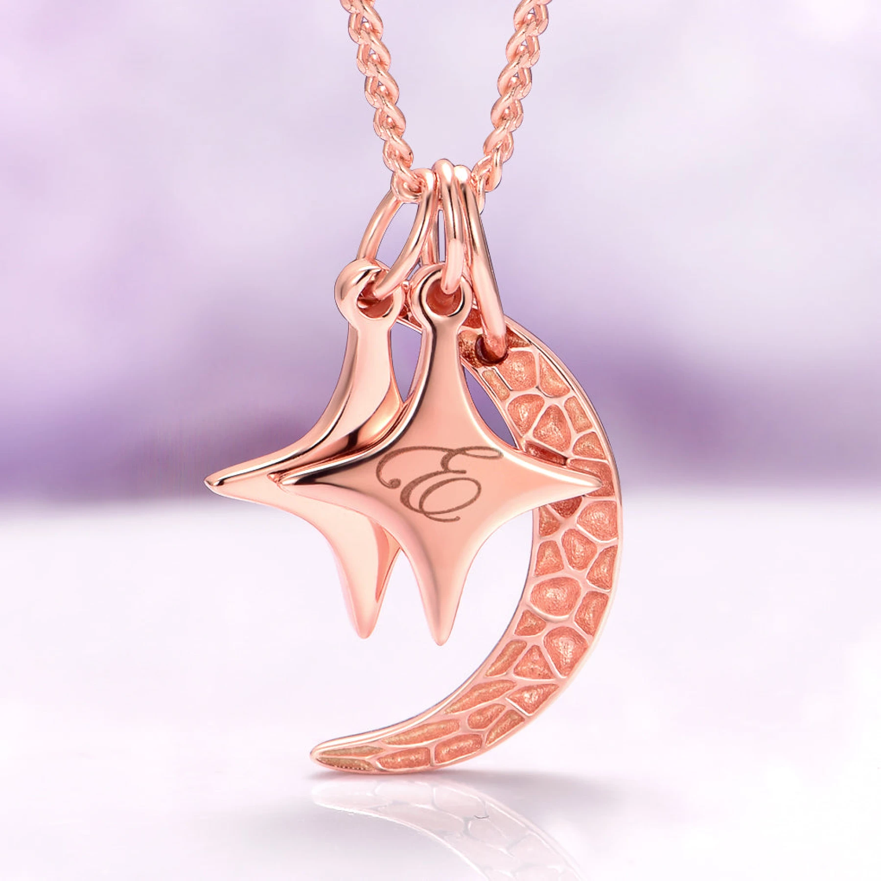 Custom Initial Necklace with Moon and Stars in 14K Rose Gold Vermeil