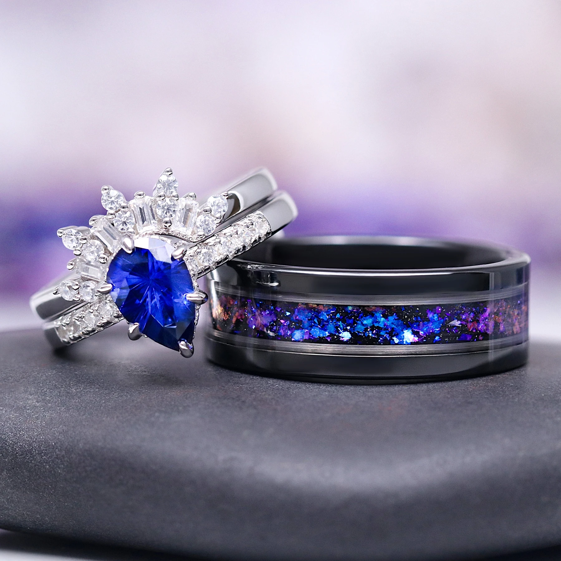 Galaxy Orion Nebula and Blue Sapphire Couples Ring Set