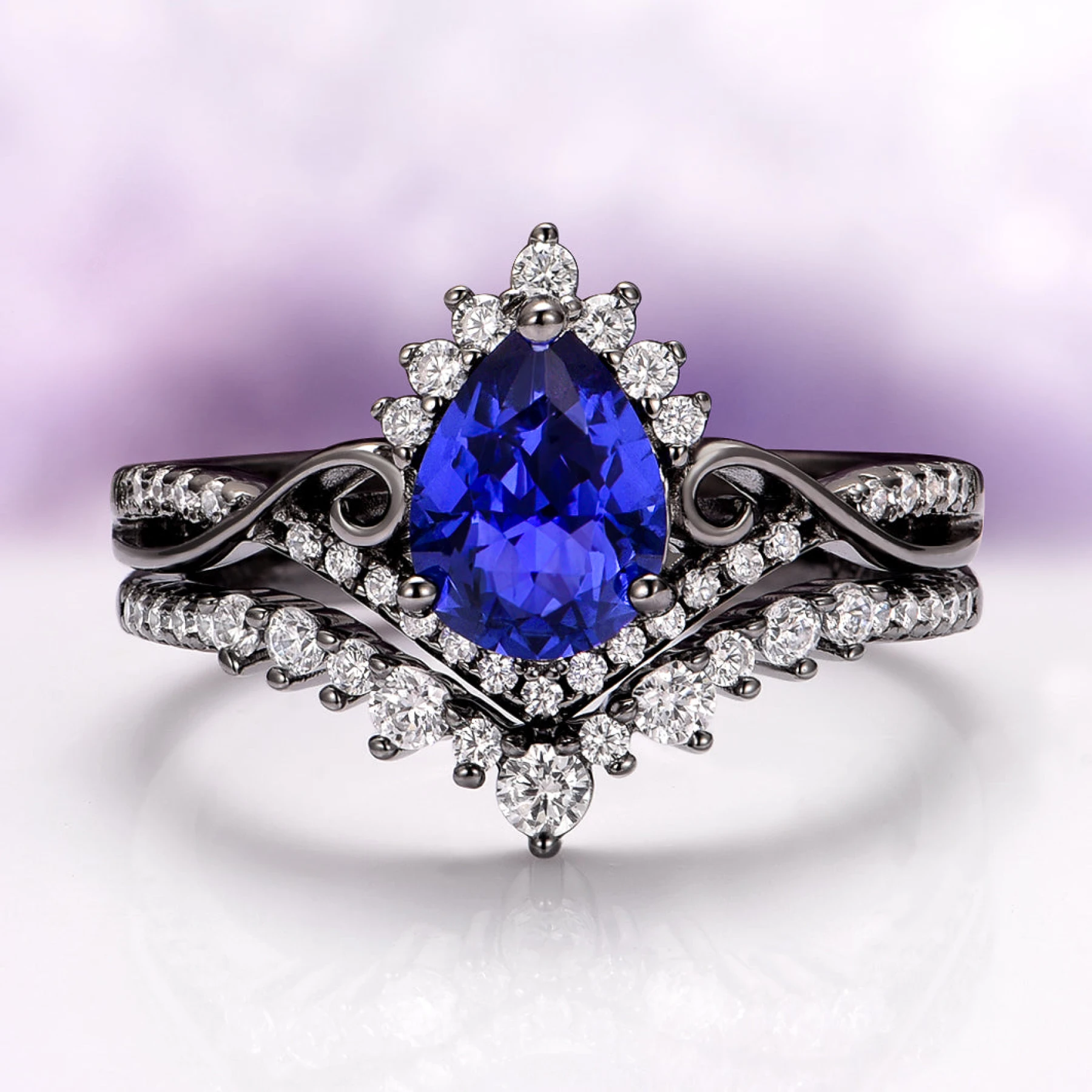 Faye Cornflower Sapphire Engagement Ring Set in Black Ruthenium
