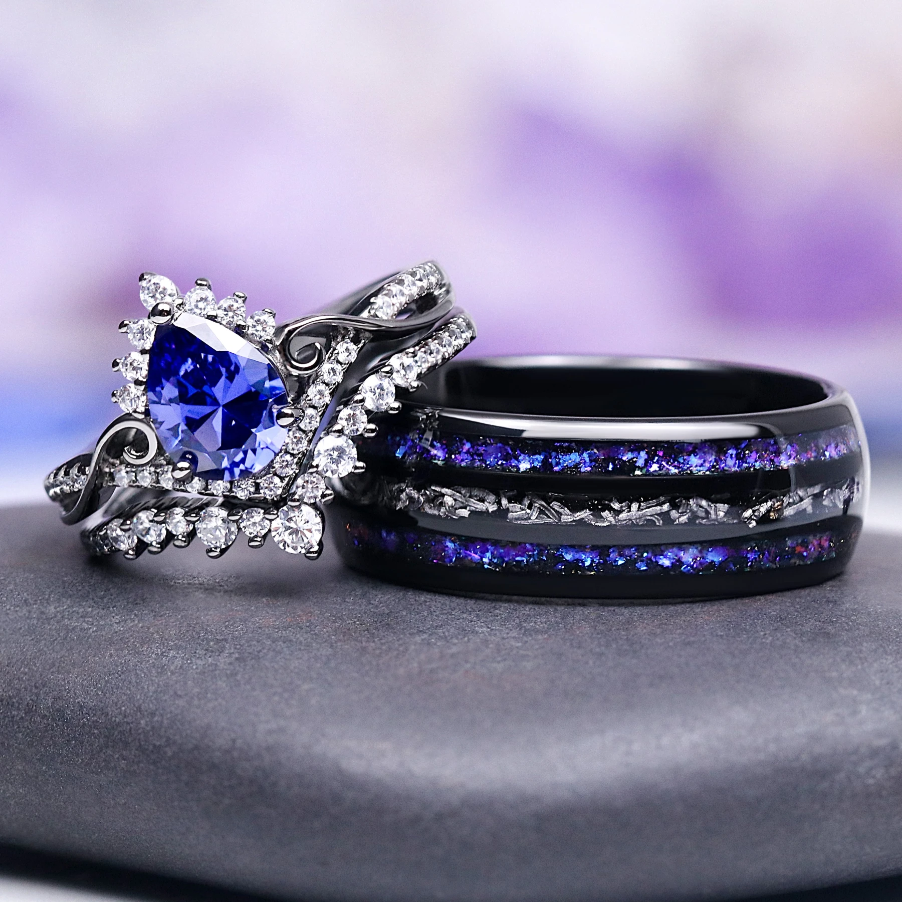 Faye Galaxy Orion Nebula & Sapphire Couples Ring Set