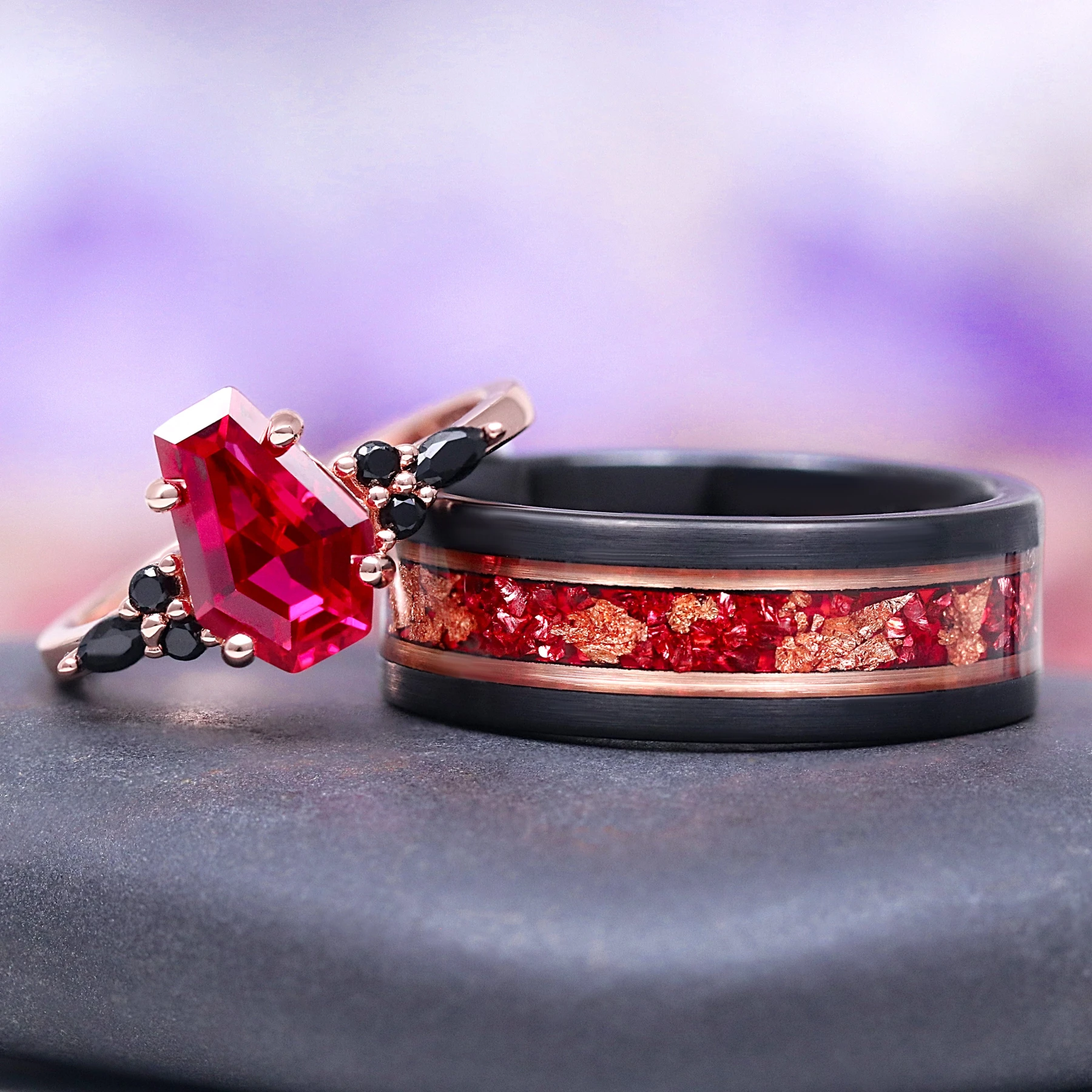 Coffin Cut and Leaf Couples Ring Set