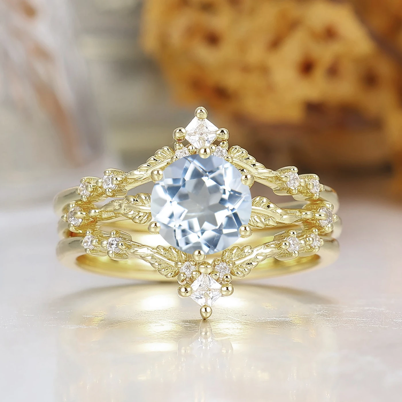 Brilliant Round Engagement Ring Set 2pcs Leaf Engraved March Birthstone Ring