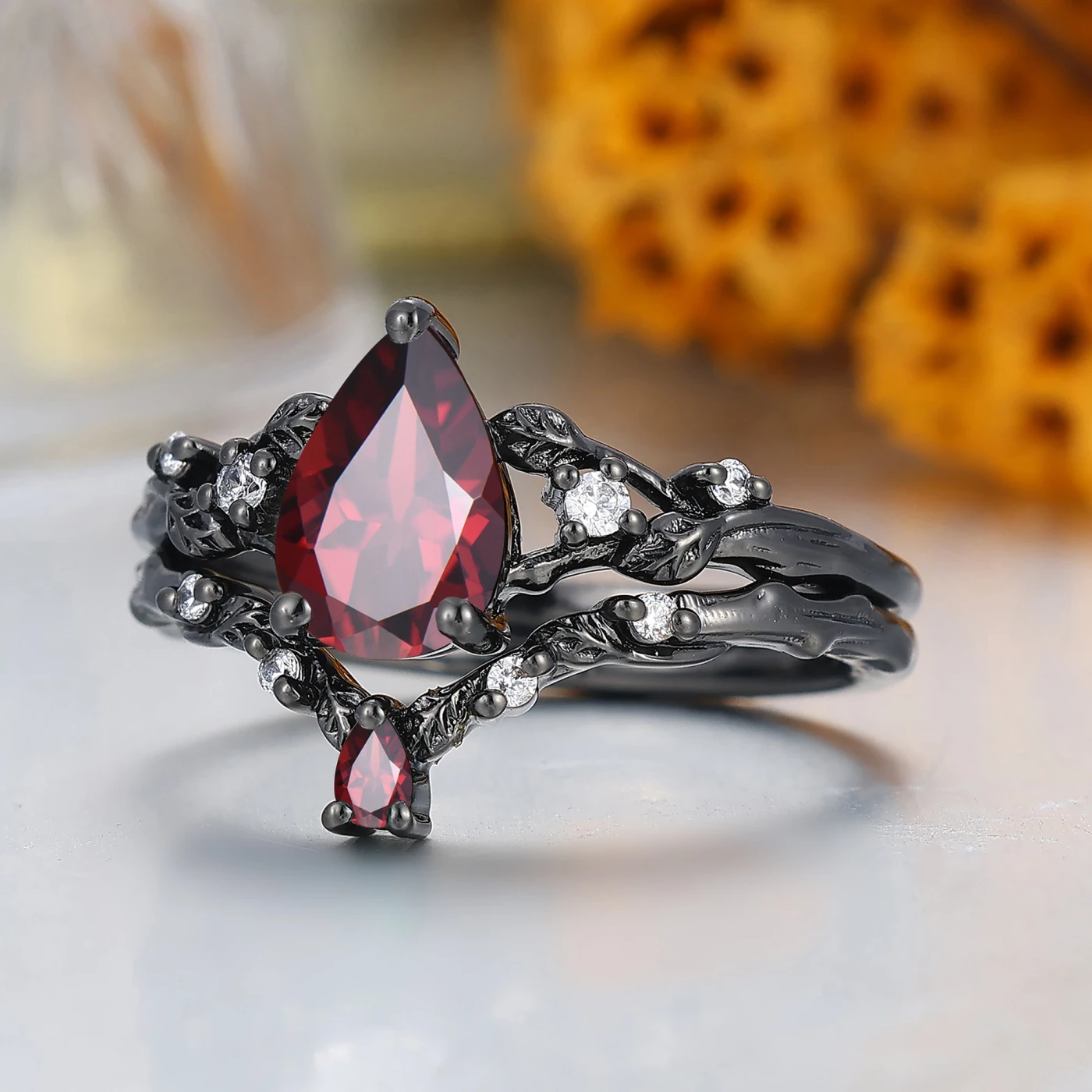 Vintage Black Gold Leaf Engraved Ring Set Handmade Promise Anniversary Bridal Ring Red Garnet Ring Set - view 3