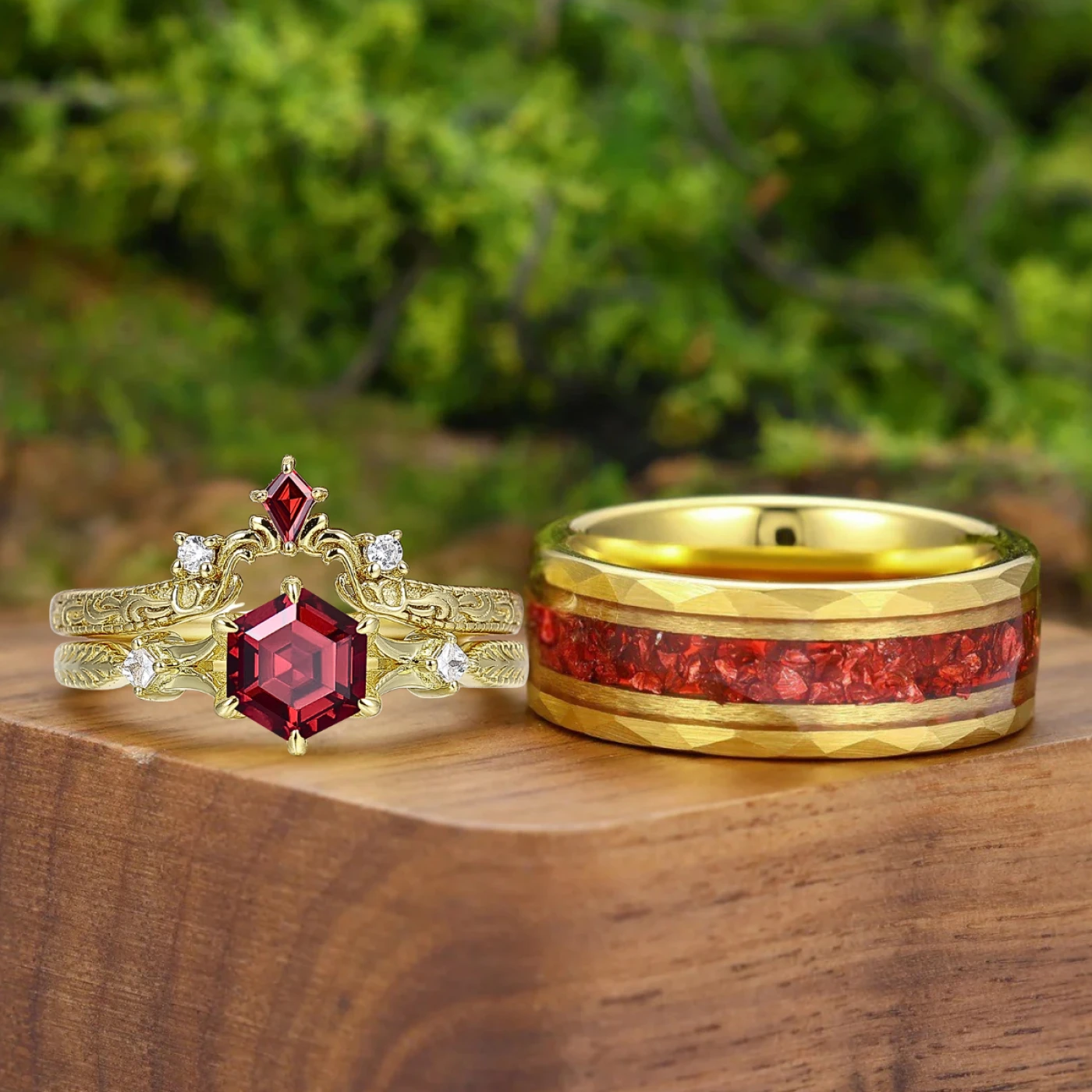 Vintage Filigreed Hexagon Cut Red Garnet Couple Ring Set