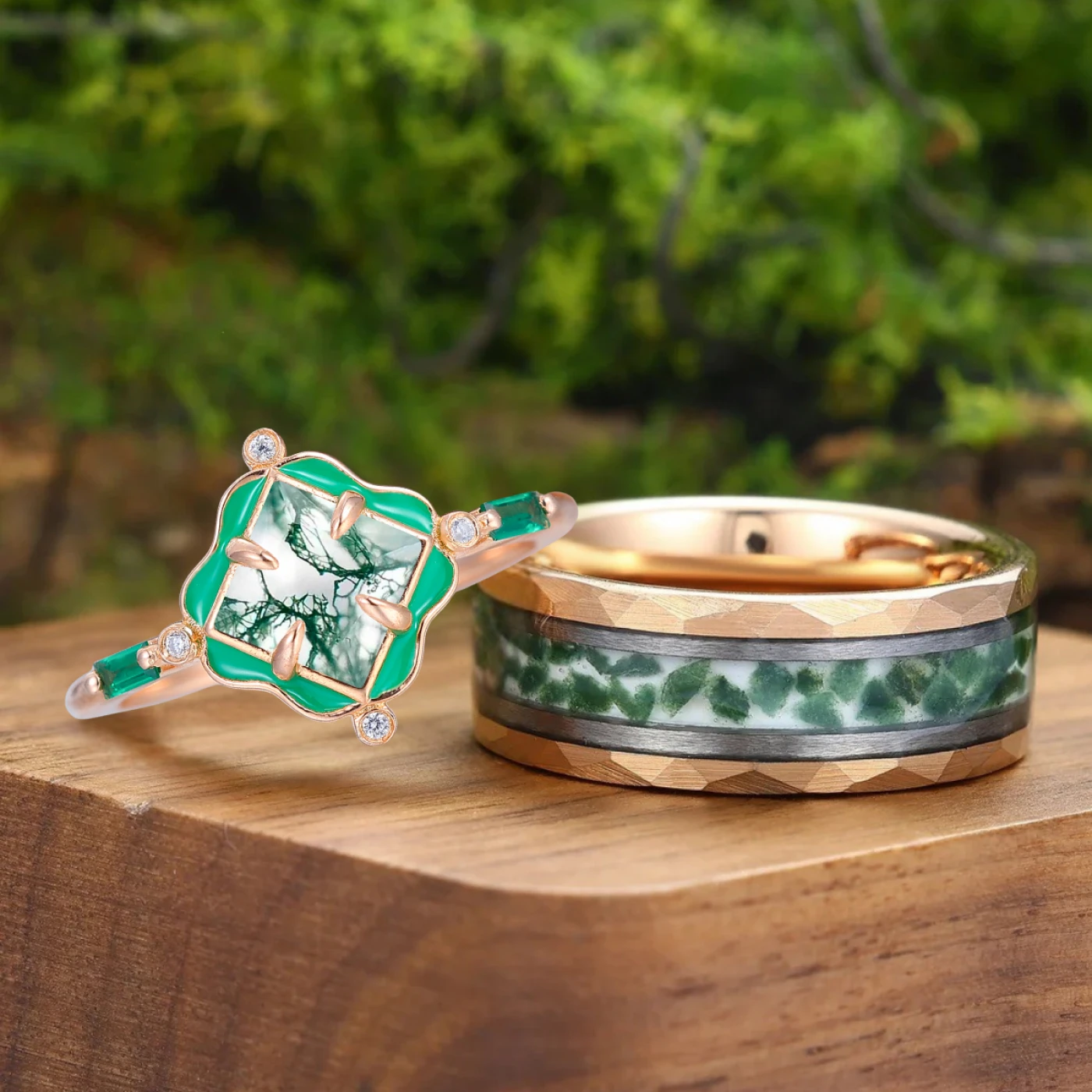 Unique Natural Moss Agate Floral Style Couple Rings Art Deco