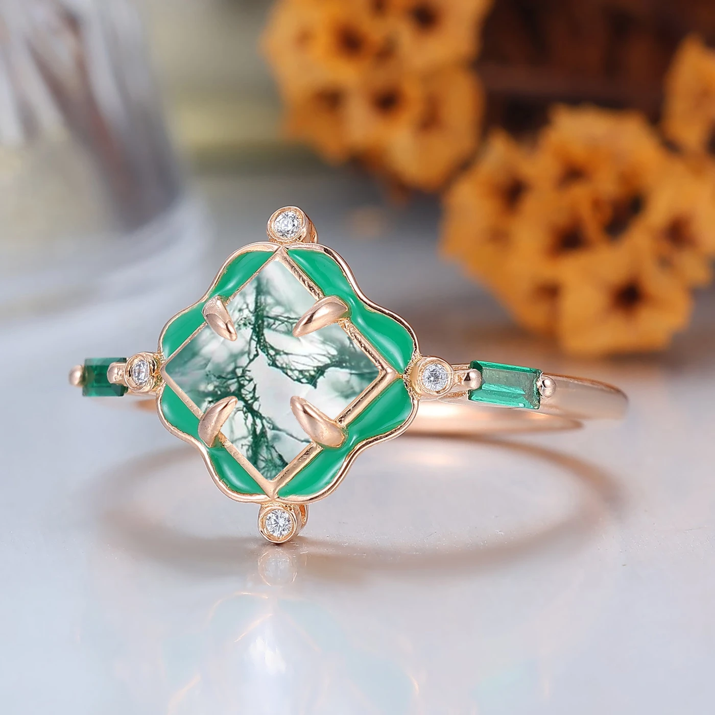 Unique Natural Moss Agate Floral Style Couple Rings Art Deco Green Resin-coated His And Hers Rings - view 5