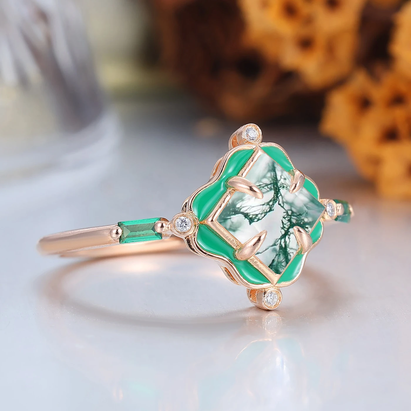 Unique Natural Moss Agate Floral Style Couple Rings Art Deco Green Resin-coated His And Hers Rings - view 4