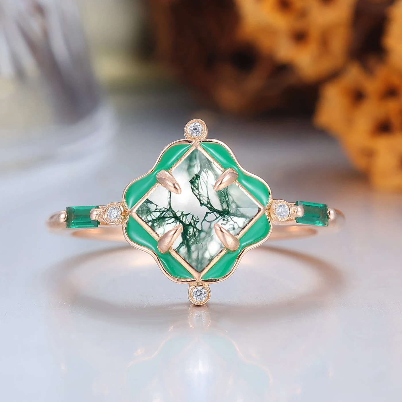 Unique Natural Moss Agate Floral Style Couple Rings Art Deco Green Resin-coated His And Hers Rings - view 3