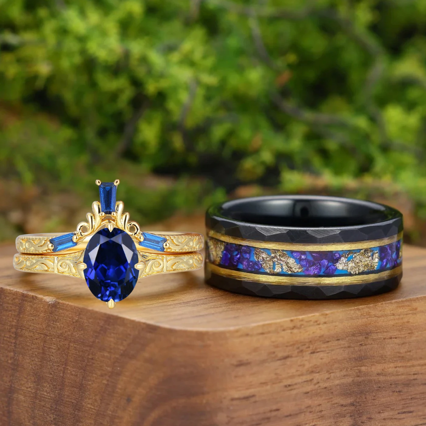 Retro 1.5CT Oval Sapphire Scrollwork Couple Ring Set