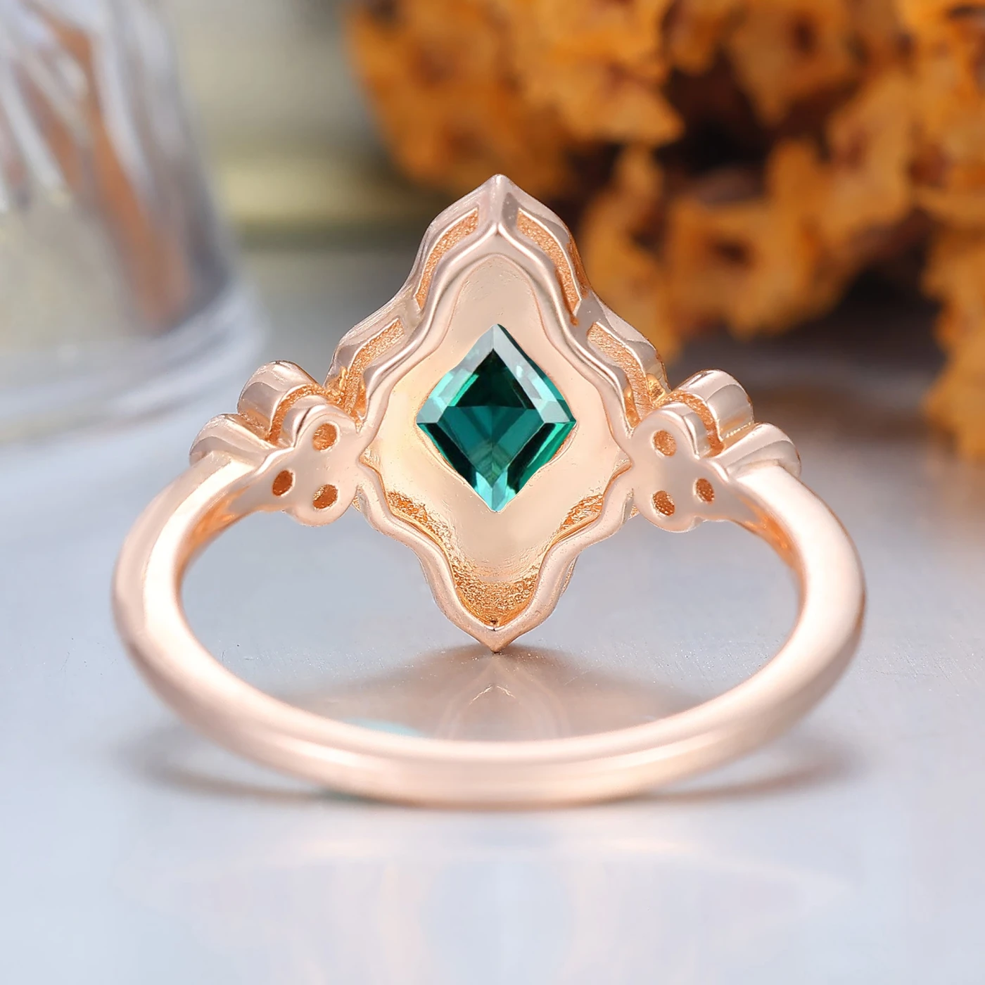 Art Deco Rhombus Cut Emerald Resin-coated Couple Rings Vintage Inspired Matching Ring Set - view 9