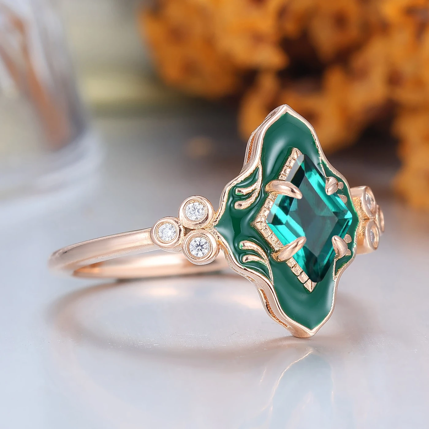 Art Deco Rhombus Cut Emerald Resin-coated Couple Rings Vintage Inspired Matching Ring Set - view 6
