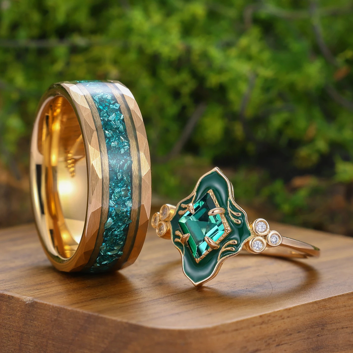 Art Deco Rhombus Cut Emerald Resin-coated Couple Rings Vintage Inspired Matching Ring Set - view 2