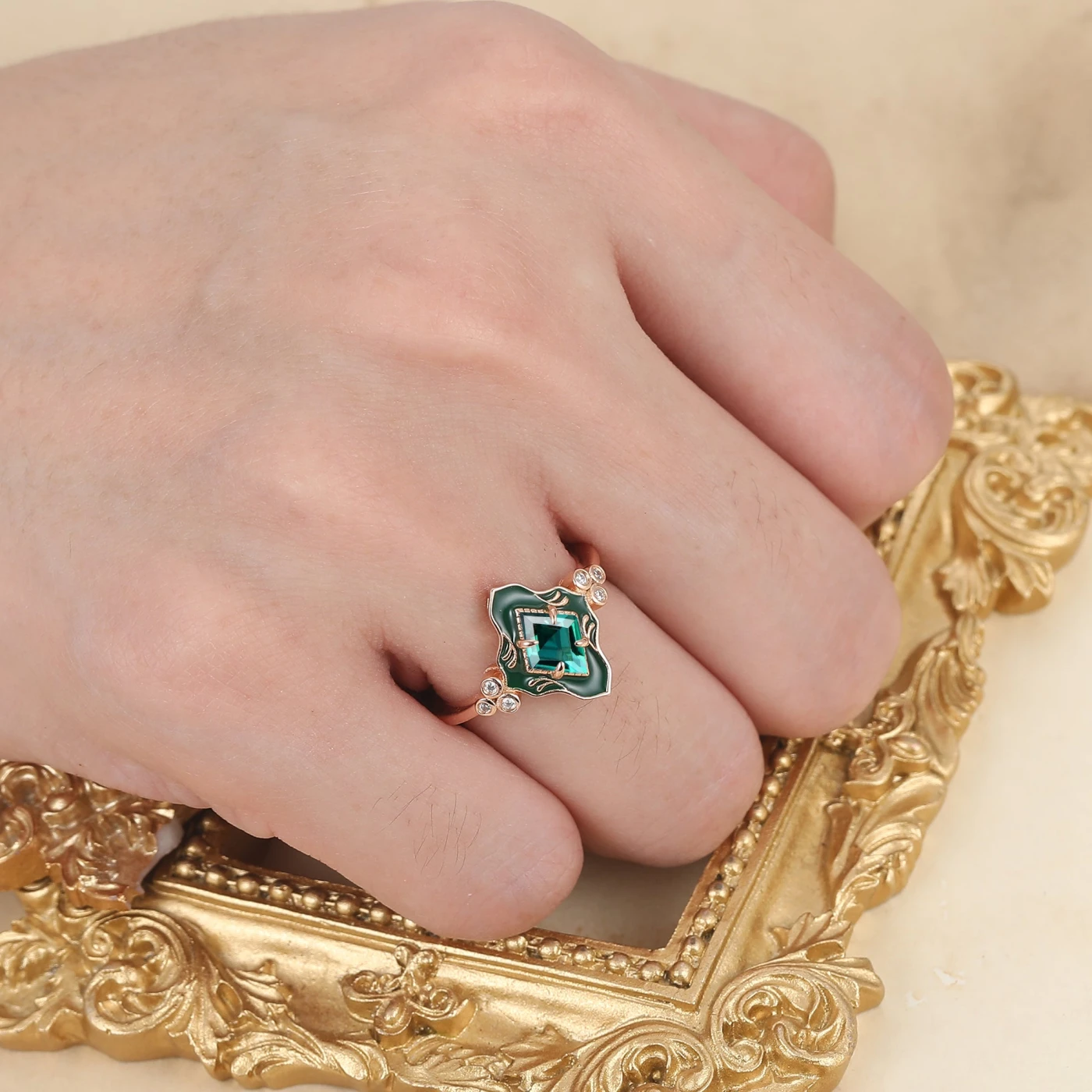 Art Deco Rhombus Cut Emerald Resin-coated Couple Rings Vintage Inspired Matching Ring Set - view 8
