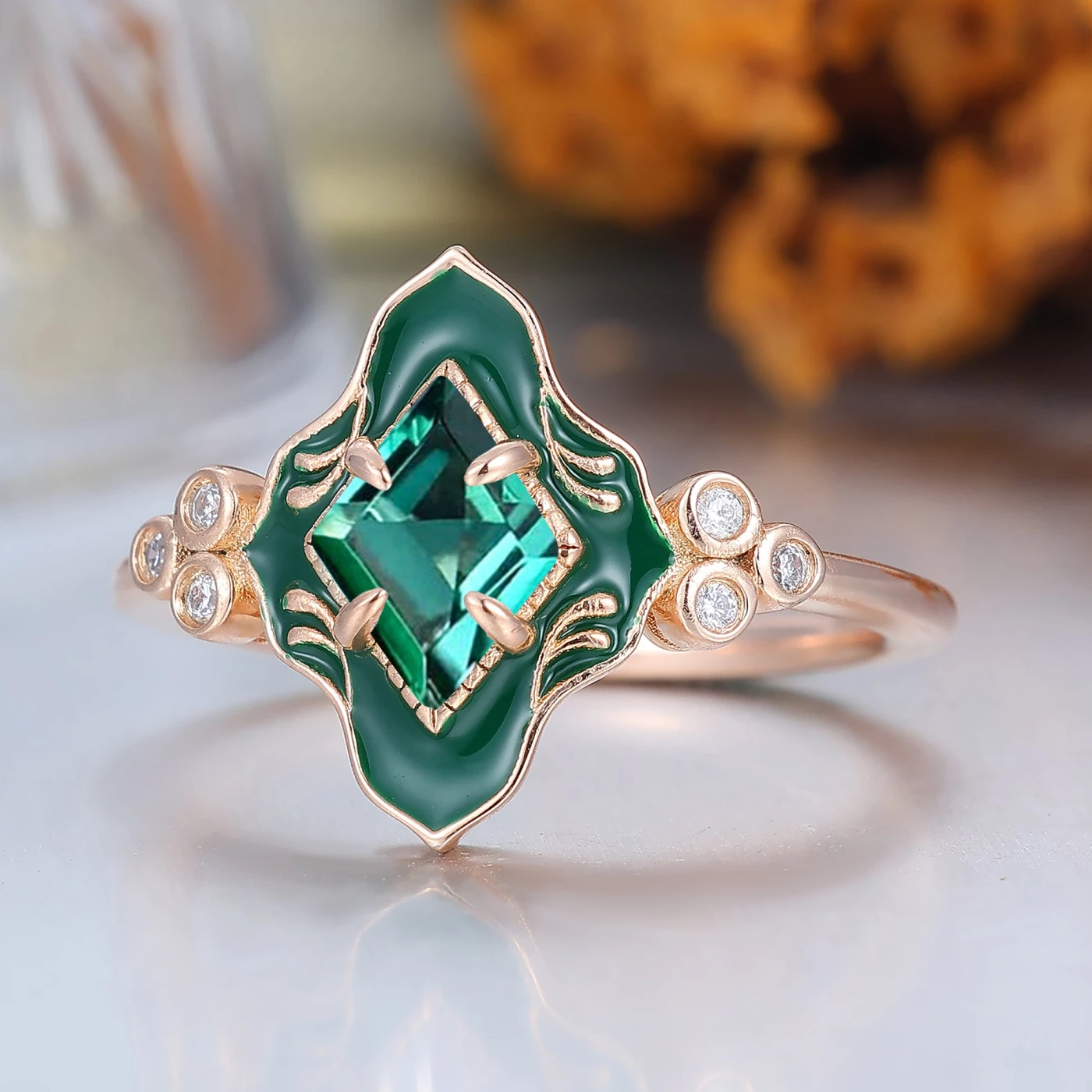 Art Deco Rhombus Cut Emerald Resin-coated Couple Rings Vintage Inspired Matching Ring Set - view 7