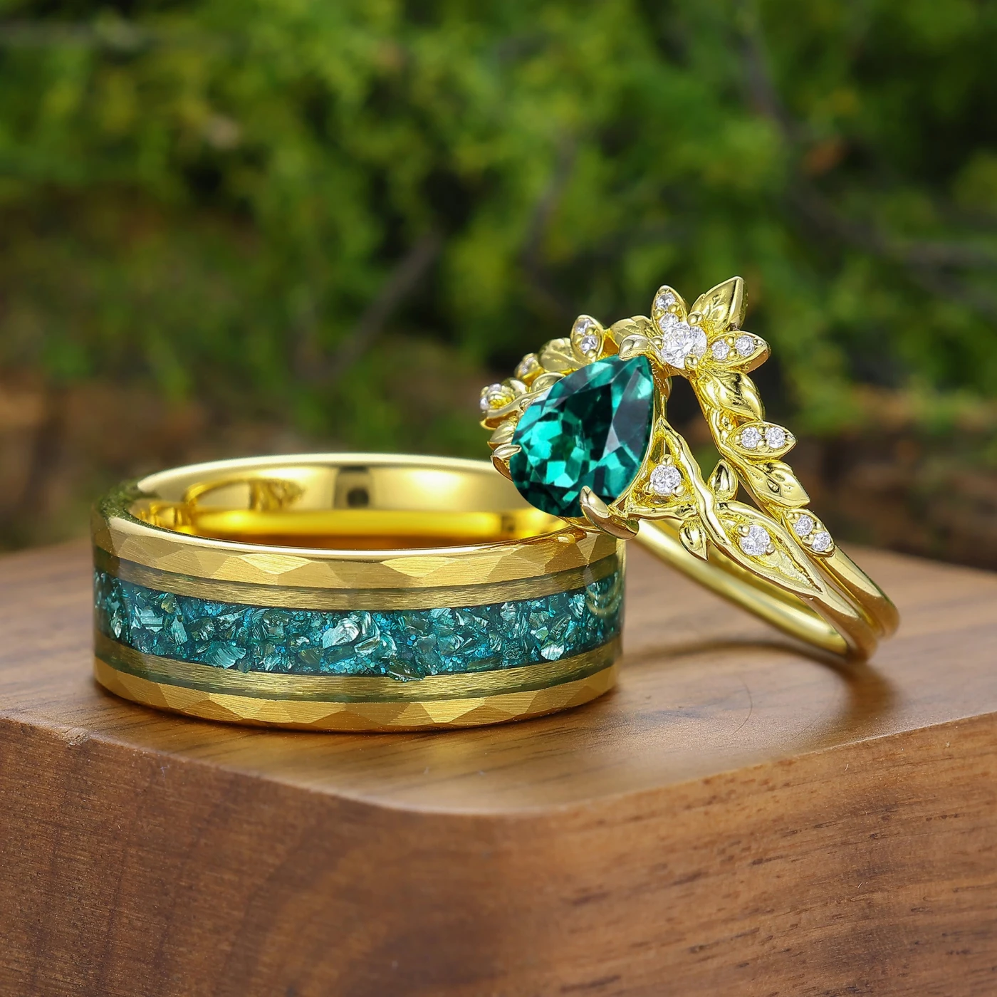 Brilliant Pear Cut Emerald Leaf Design Couple Ring Set Nature Inspired Rings For Men And Women - view 2