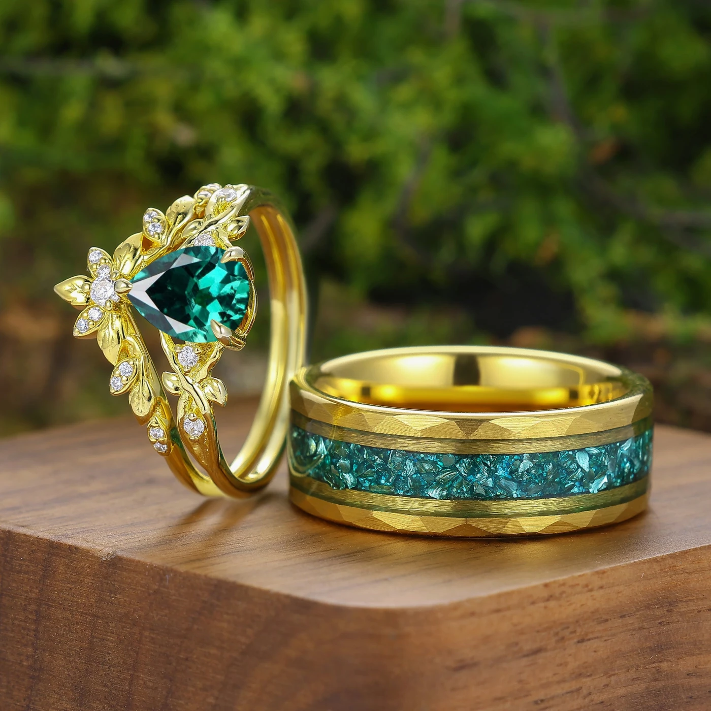 Brilliant Pear Cut Emerald Leaf Design Couple Ring Set Nature Inspired Rings For Men And Women - view 3