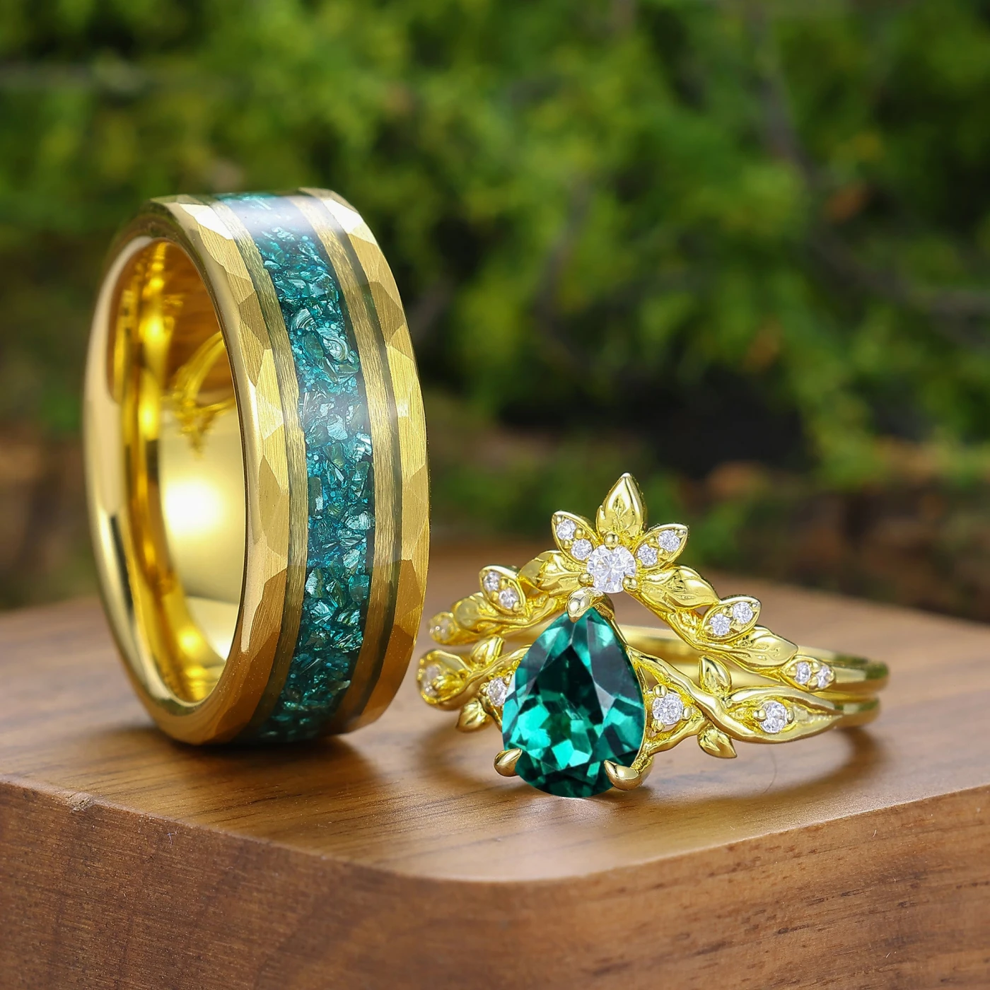 Brilliant Pear Cut Emerald Leaf Design Couple Ring Set Nature Inspired Rings For Men And Women - view 4