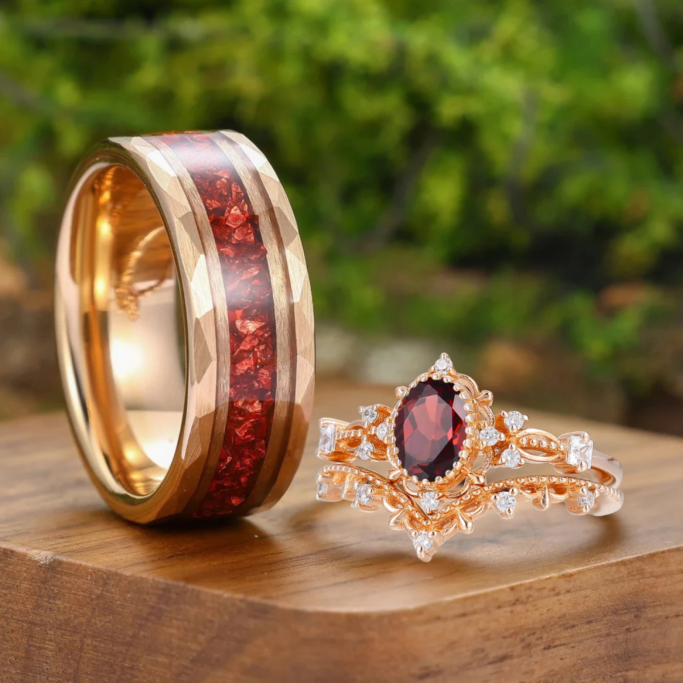 Vintage Natural Red Garnet Scrollwork Couple Ring Set Retro