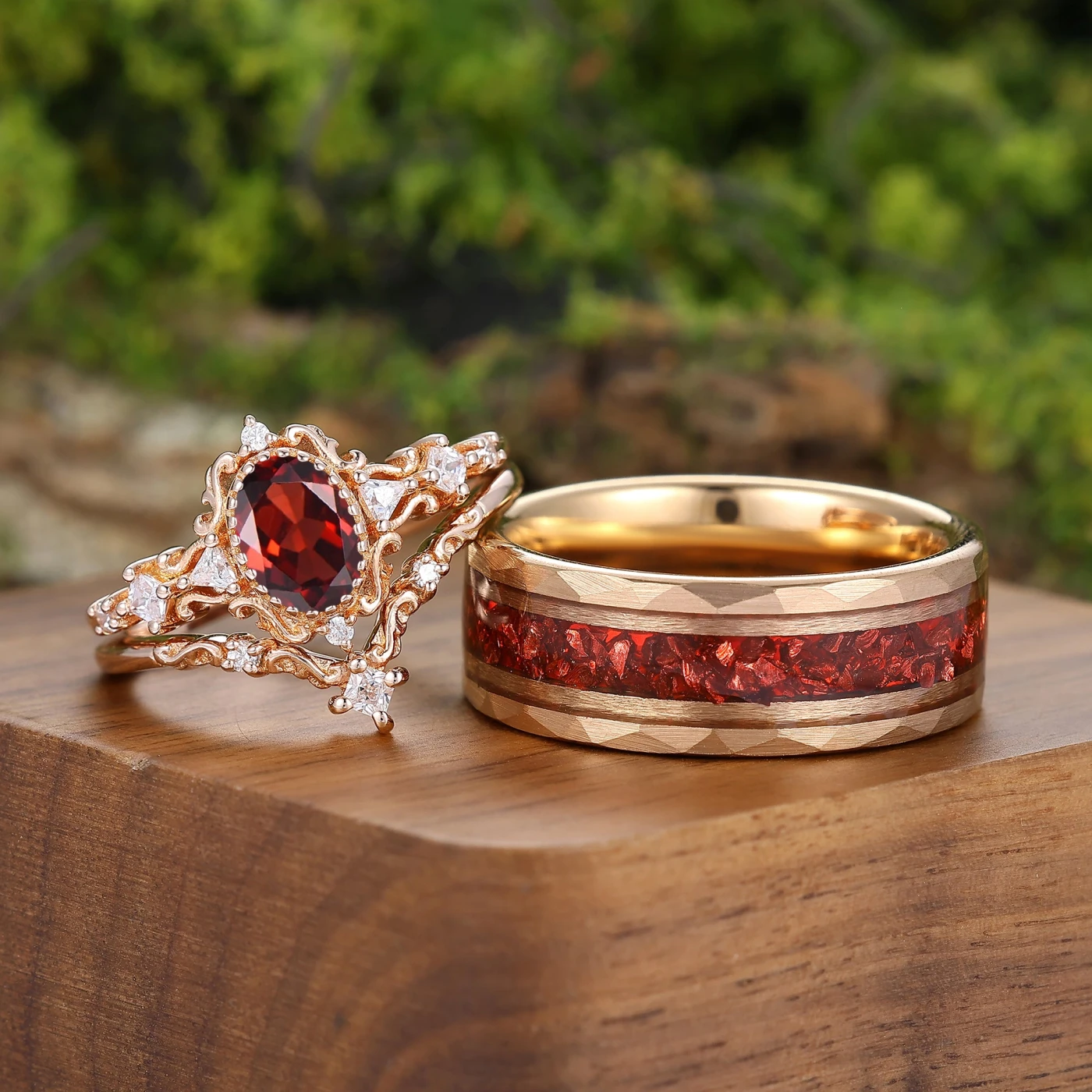 Baroque-inspired Oval Cut Natural Red Garnet His And Hers Rings Couple Ring