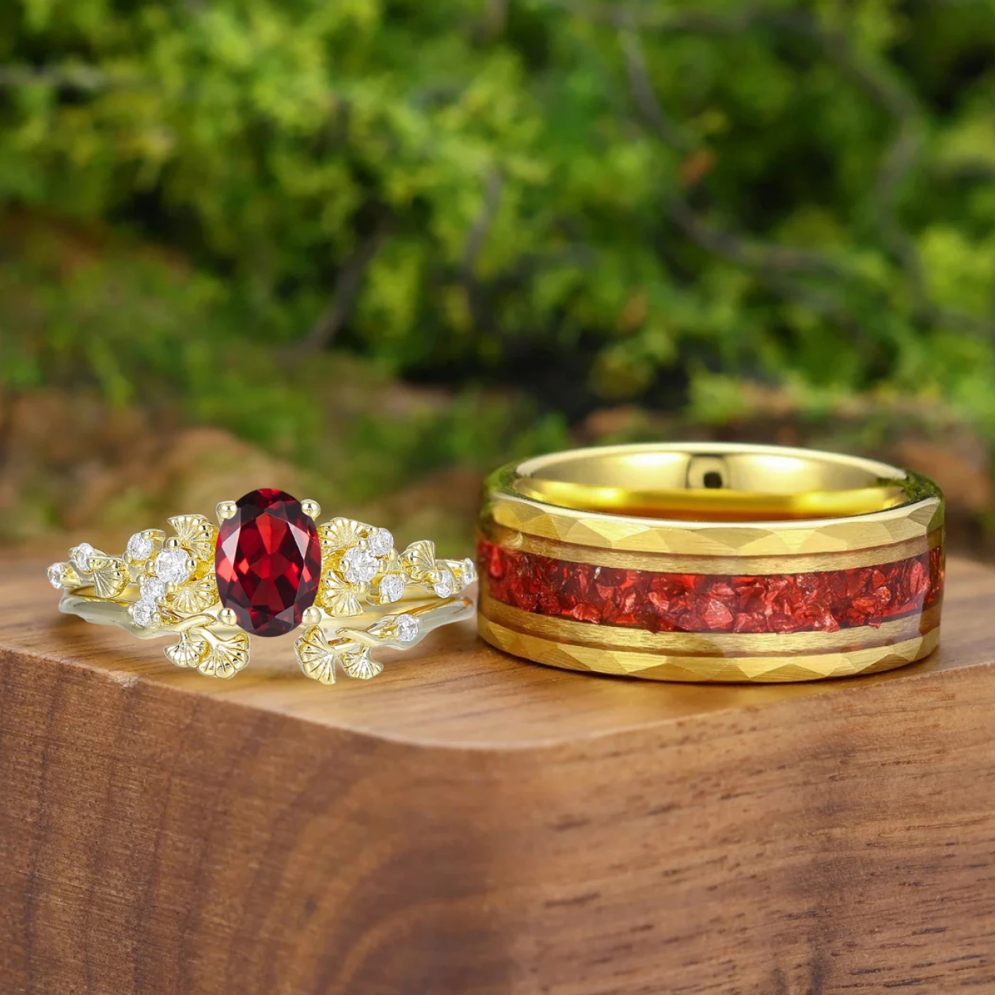 Unique Oval Cut Red Garnet Ginkgo Leaf Embossed Couple Rings