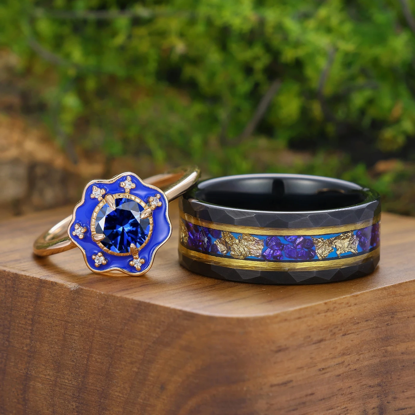 Dainty Round Cut Sapphire Couple Rings Unique Enamel Floral Design Matching Rings