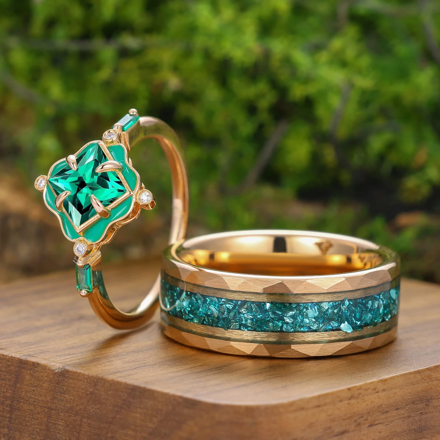 Art Deco Emerald Green Enamel Couple Rings Rose Gold Plated Floral His And Hers Rings - view 4