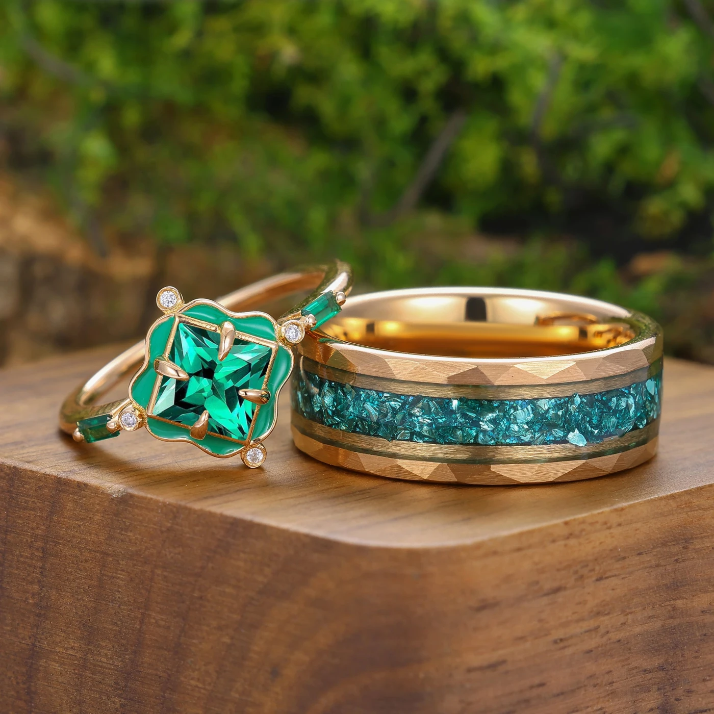 Art Deco Emerald Green Enamel Couple Rings Rose Gold Plated
