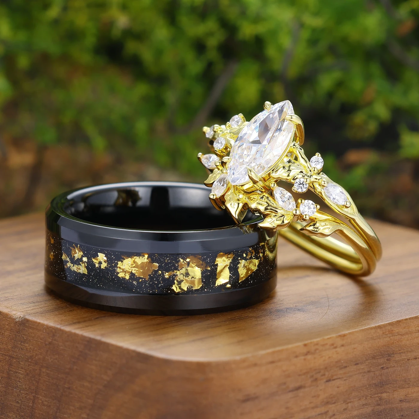 Vintage Marquise Cut Leafy Moissanite Matching Ring Set Unique Nature Inspired Couple Rings - view 4