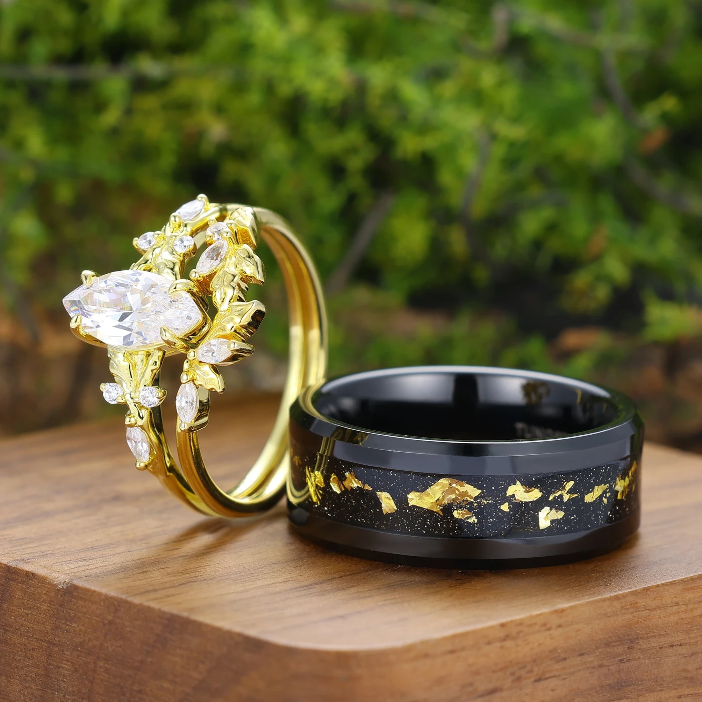 Vintage Marquise Cut Leafy Moissanite Matching Ring Set Unique Nature Inspired Couple Rings - view 5