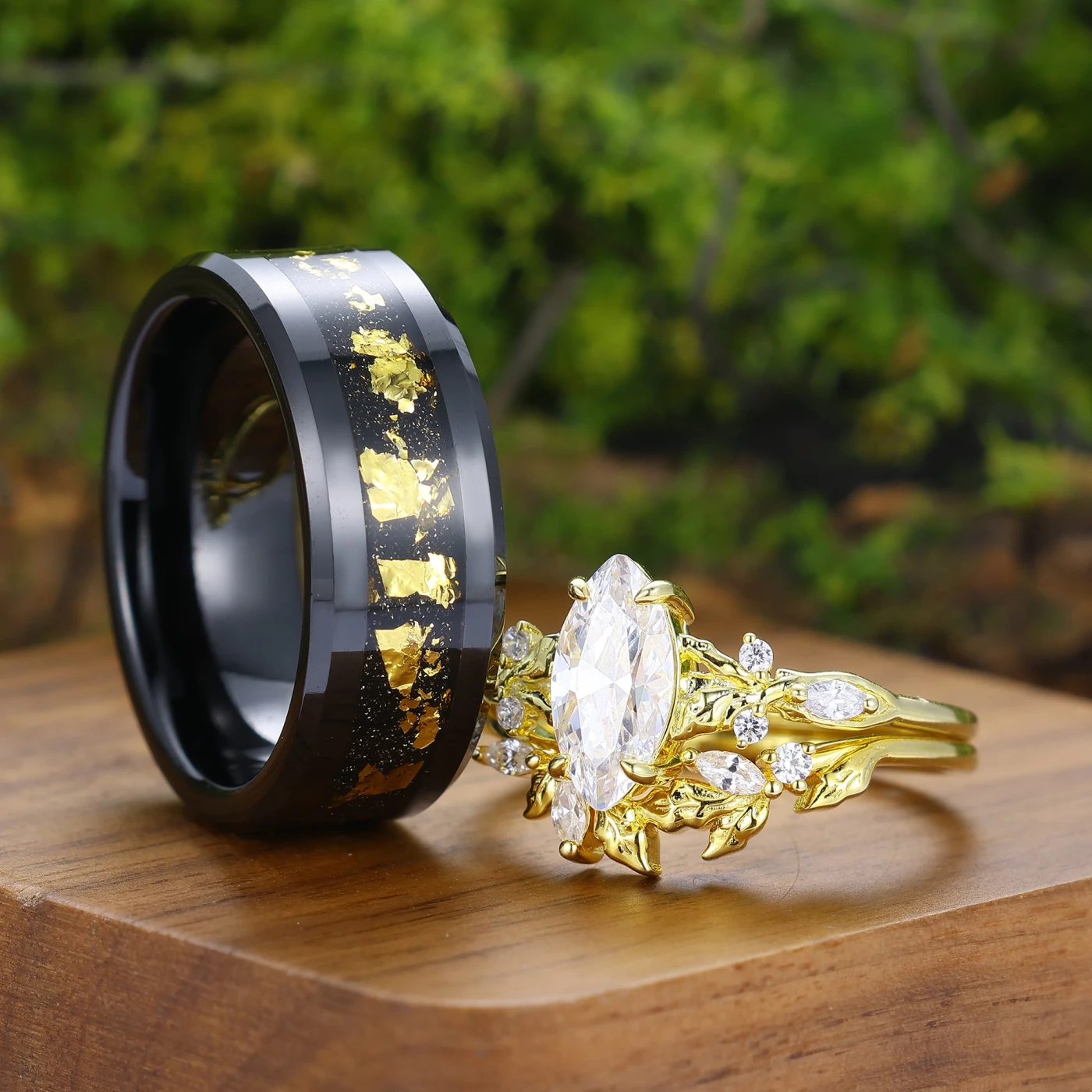 Vintage Marquise Cut Leafy Moissanite Matching Ring Set Unique Nature Inspired Couple Rings - view 2