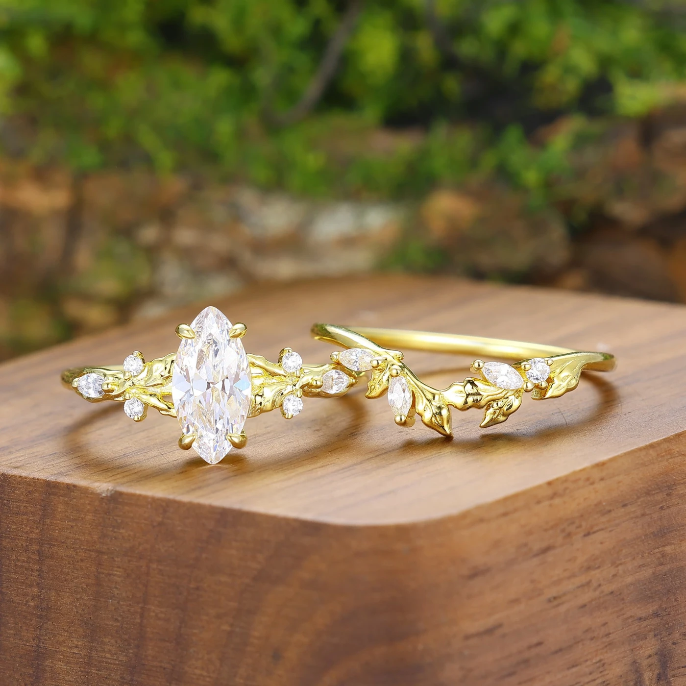 Vintage Marquise Cut Leafy Moissanite Matching Ring Set Unique Nature Inspired Couple Rings - view 3