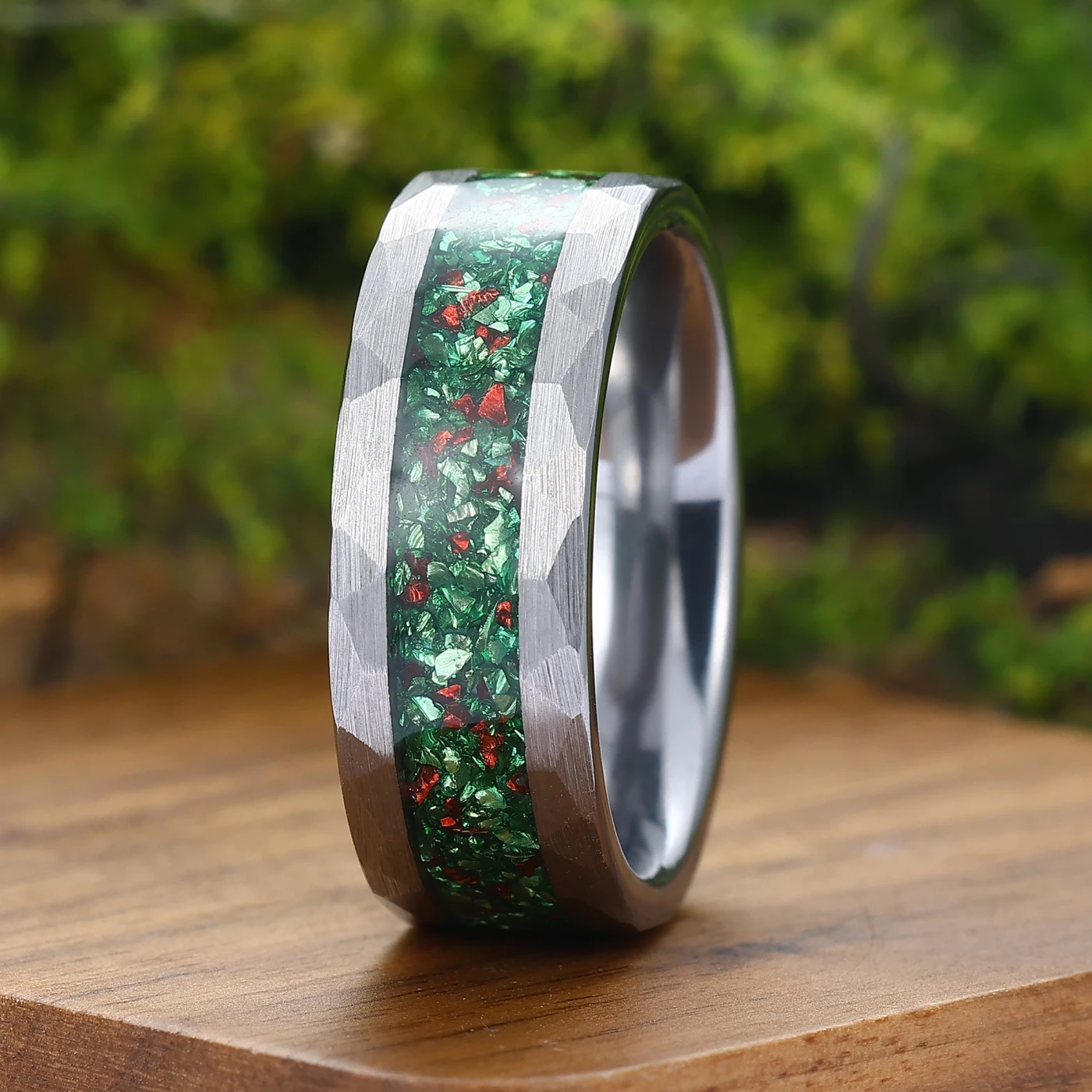 Green Emerald And Ruby Hammered Tungsten Ring 8mm May Birthstone Men's Band