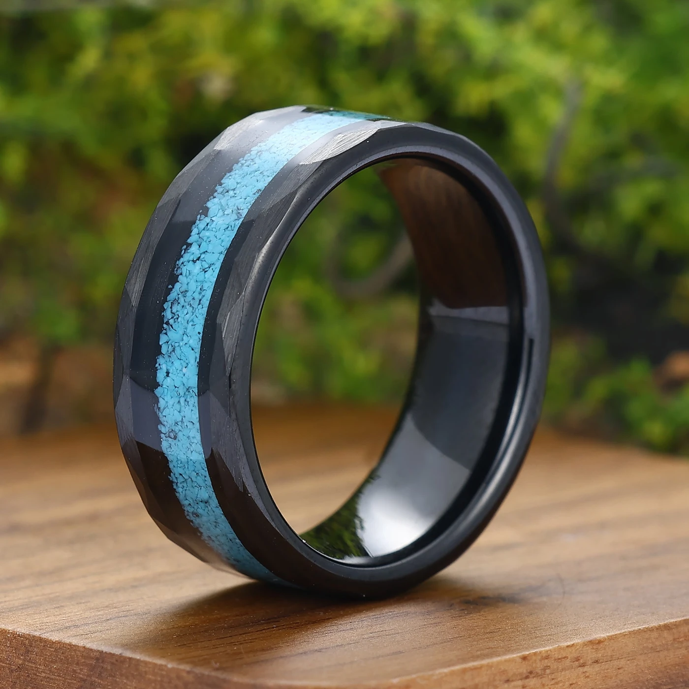 Personalized Turquoise Mens Tungsten Ring 8mm Wide Hammered Men's Band - view 6
