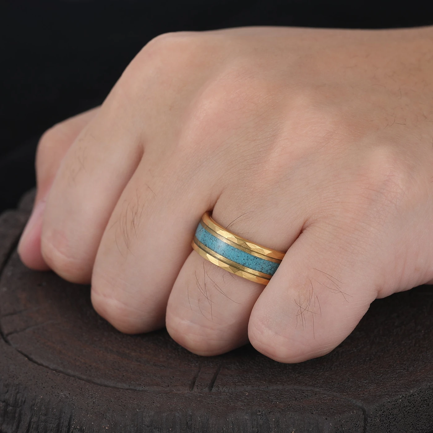 Personalized Turquoise Mens Tungsten Ring 8mm Wide Hammered Men's Band - view 10