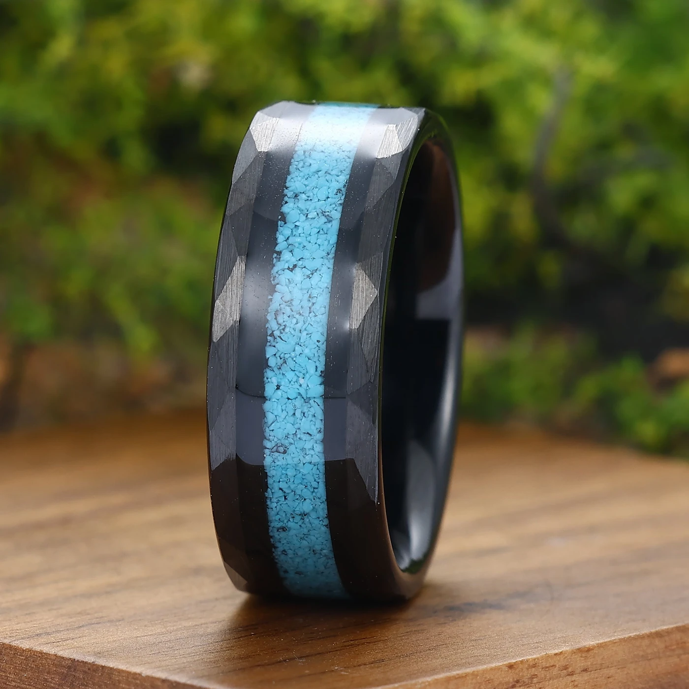 Personalized Turquoise Mens Tungsten Ring 8mm Wide Hammered Men's Band - view 2