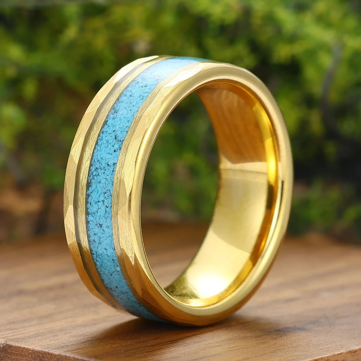 Personalized Turquoise Mens Tungsten Ring 8mm Wide Hammered Men's Band - view 5