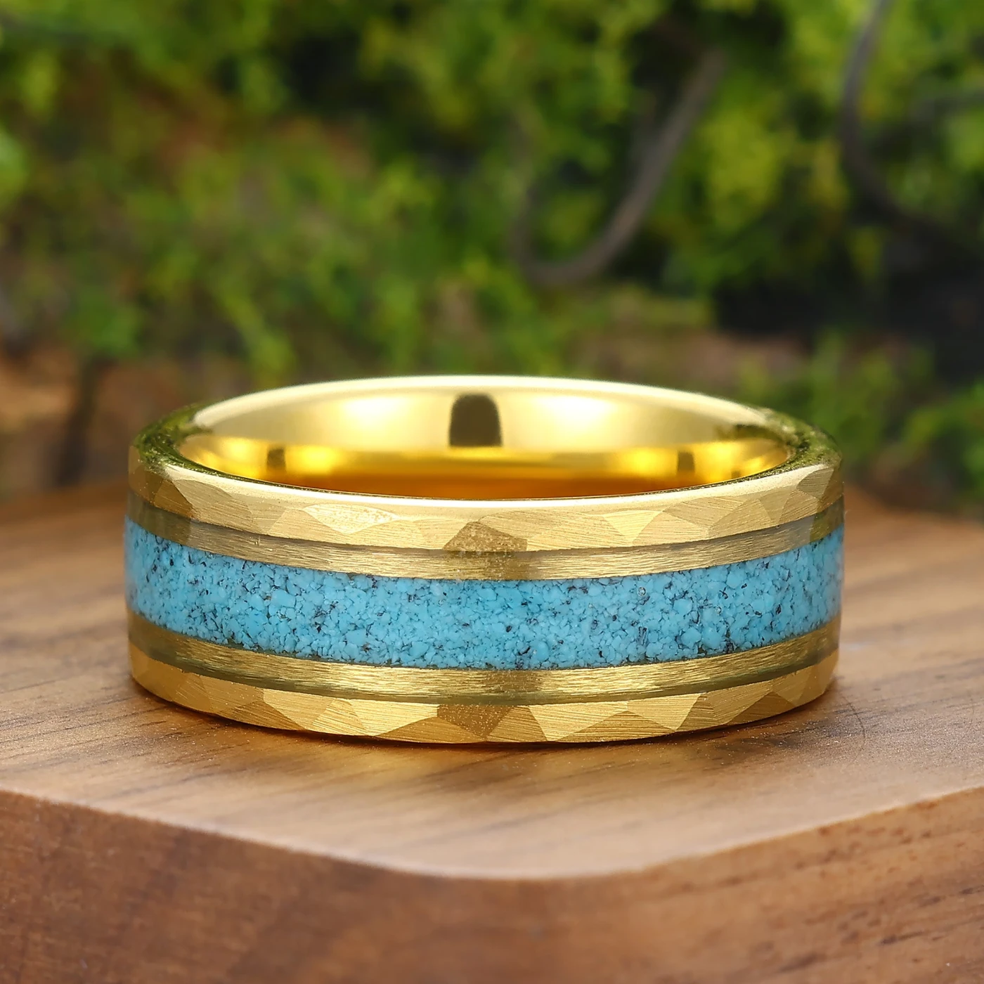 Personalized Turquoise Mens Tungsten Ring 8mm Wide Hammered Men's Band - view 3