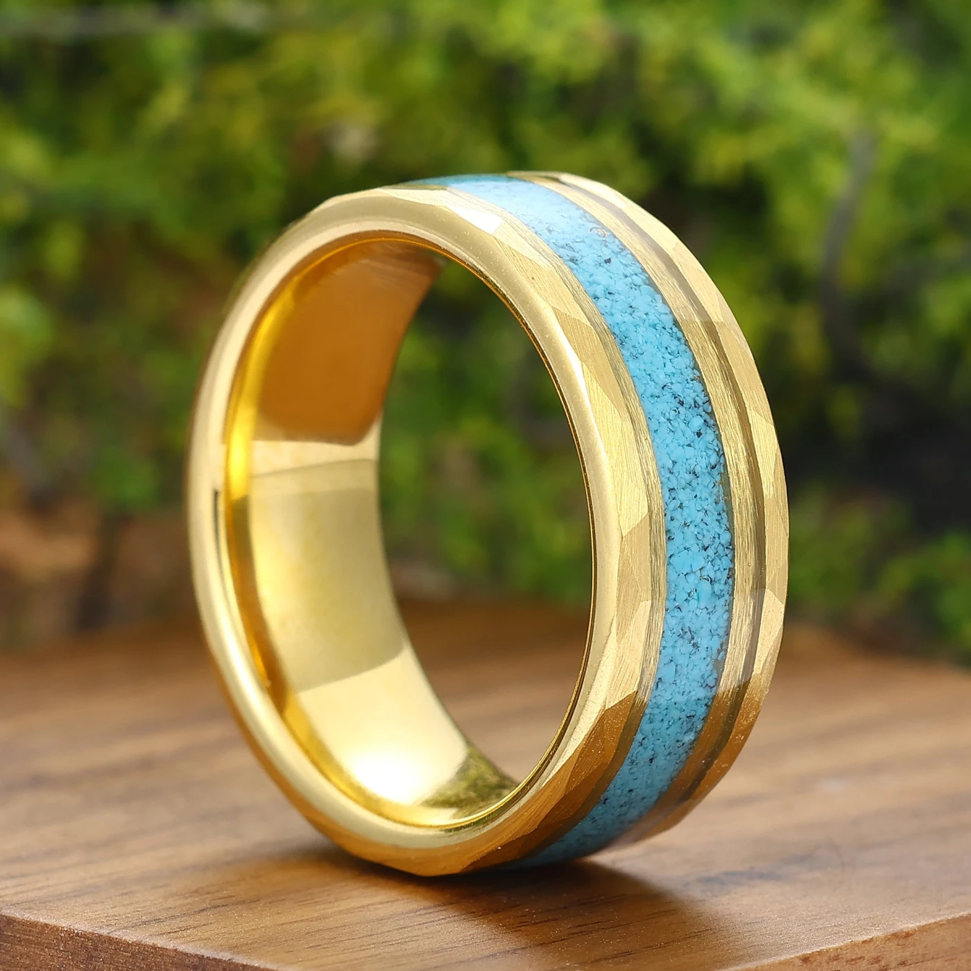 Personalized Turquoise Mens Tungsten Ring 8mm Wide Hammered Men's Band - view 7