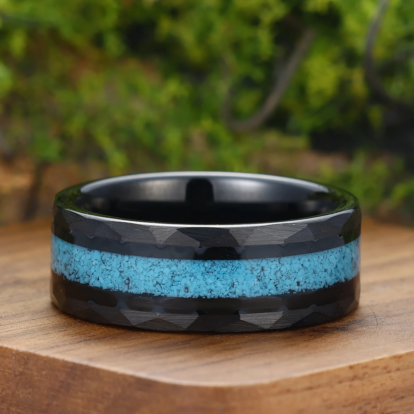 Personalized Turquoise Mens Tungsten Ring 8mm Wide Hammered Men's Band - view 4