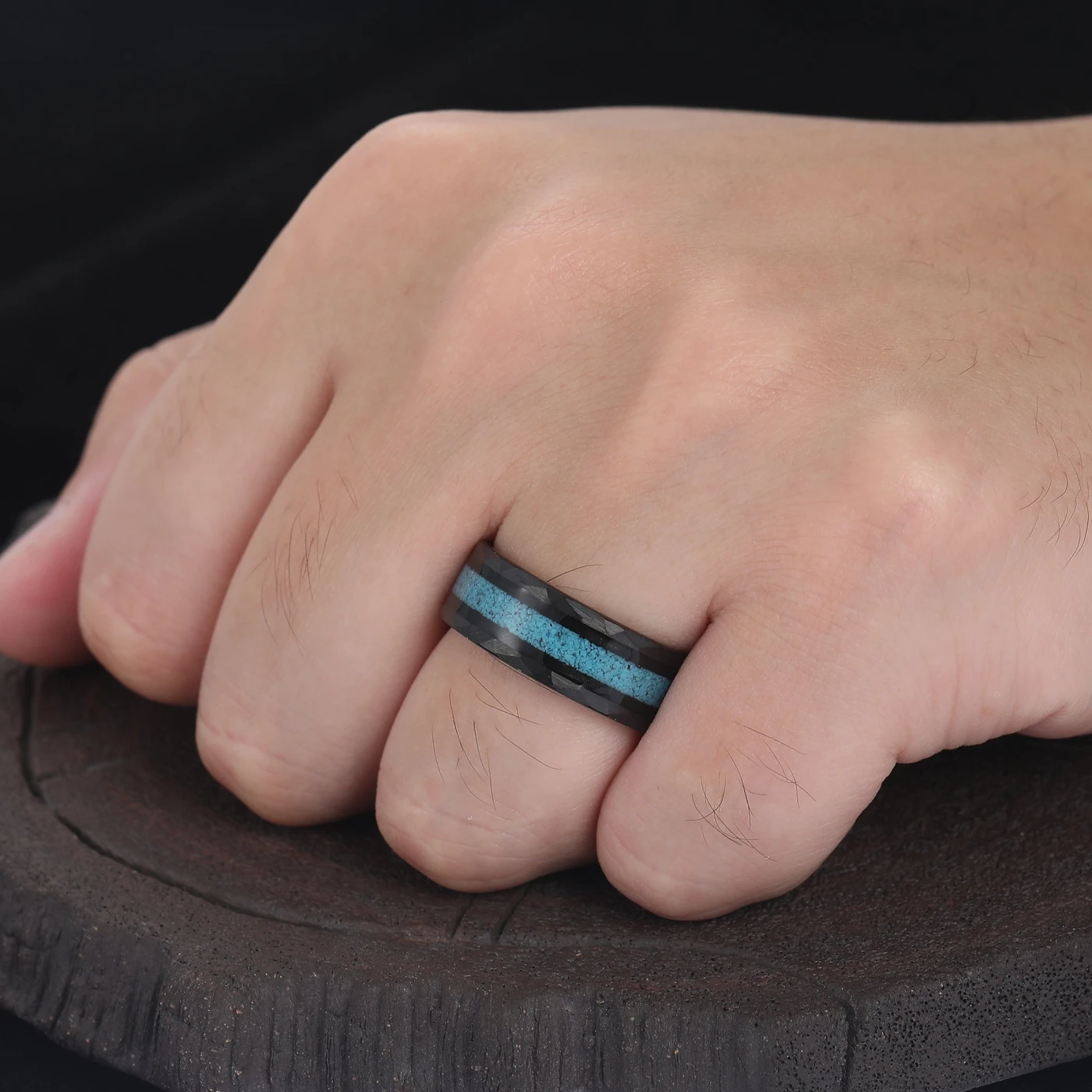 Personalized Turquoise Mens Tungsten Ring 8mm Wide Hammered Men's Band - view 11
